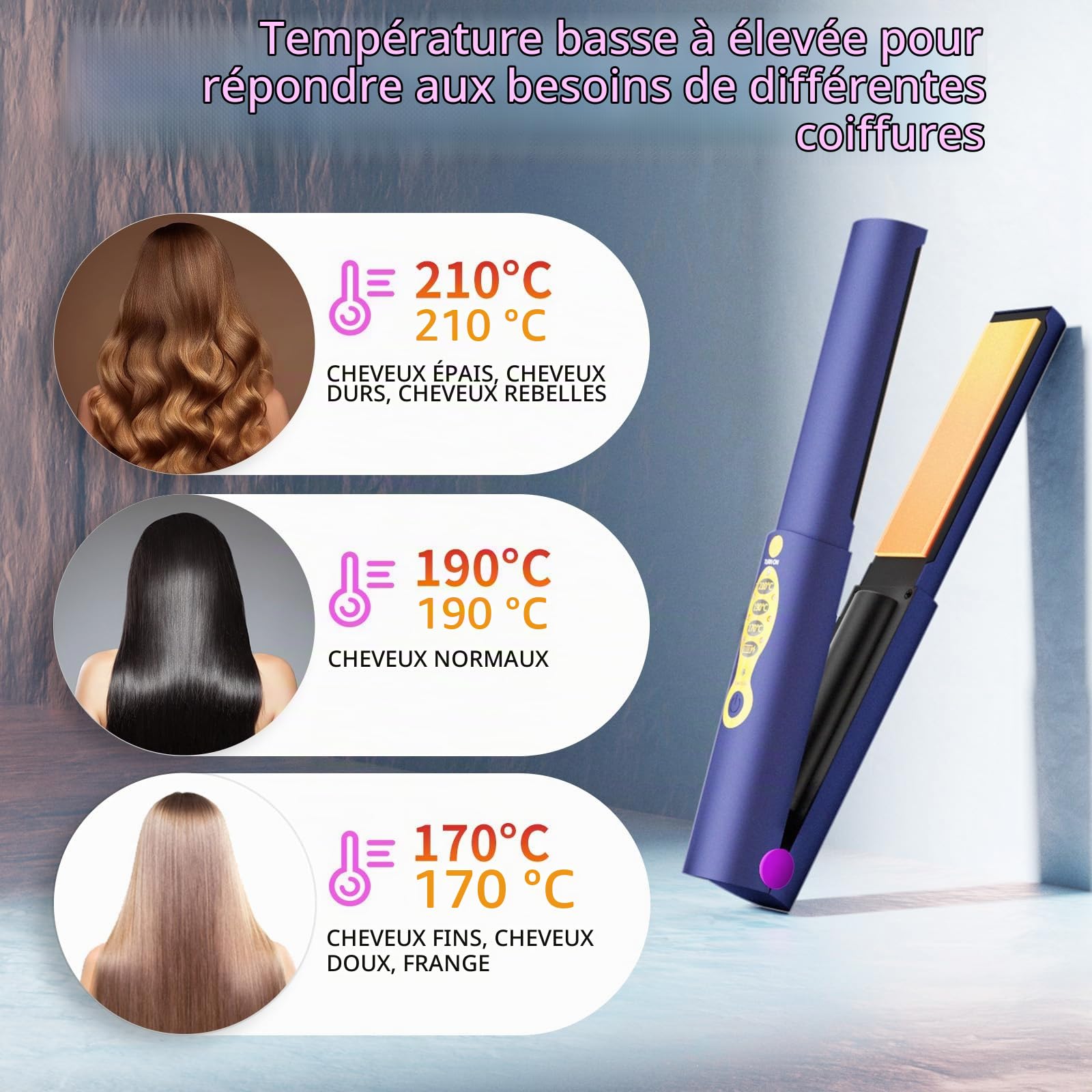 OBEST Fer À Lisser Voyage Sans Fil 2 EN 1,Hair Straightener 170/190/210℃,Lisseur Boucleur Cheveux Rechargeable 5000 mAh,Fer à Boucler Plaque Chauffante En Titane,Violet