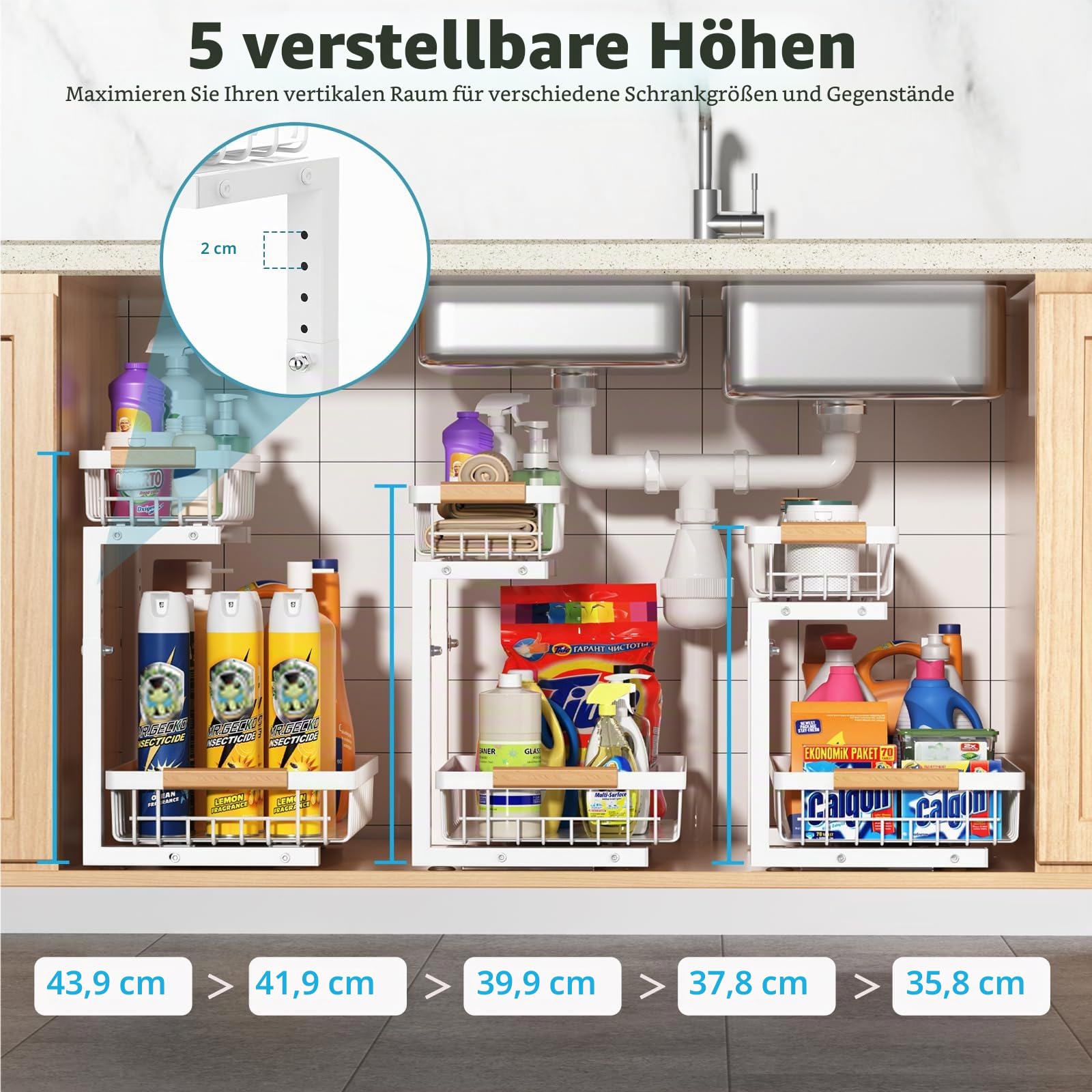 Liuoud Organizer unter der Spüle 1 Packung, 2-stufiger Organizer mit ausziehbaren Schubladen und verstellbarer Höhe, Schubladen-Organizer für Schrank unter der Spüle, Organizer für Küche und Bad in