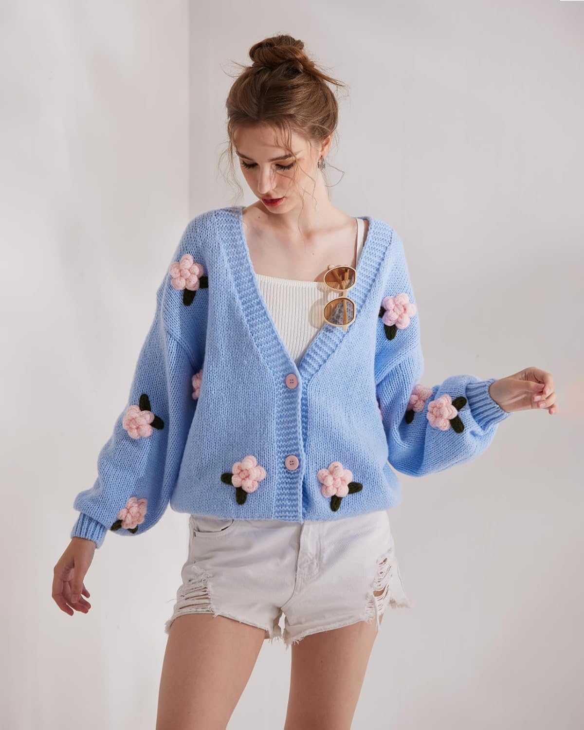 Cardigan Sweater for Women, Long Sleeve V-Neck Button Knit Flower Outfit - Image 4