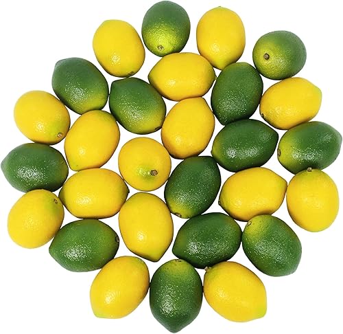 Winlyn Juego de 28 piezas de frutas artificiales de limón artificial de color verde vivo y amarillo, fruta de simulación realista para decoración