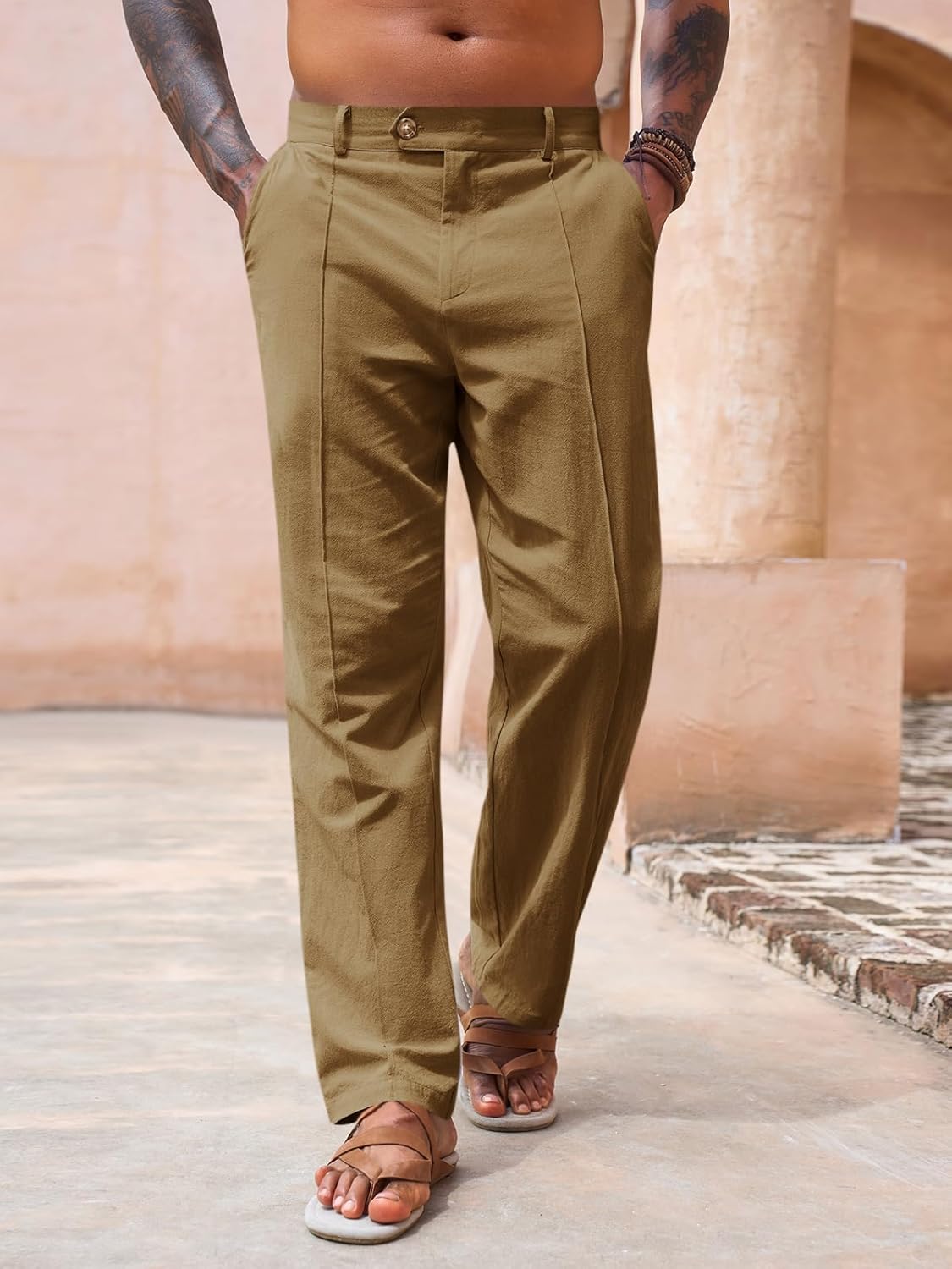 Runcati Mens Casual Pants Elastic Waist Cotton Linen Pants Pleated Loose Fit Lightweight Beach Yoga Trousers - Image 3