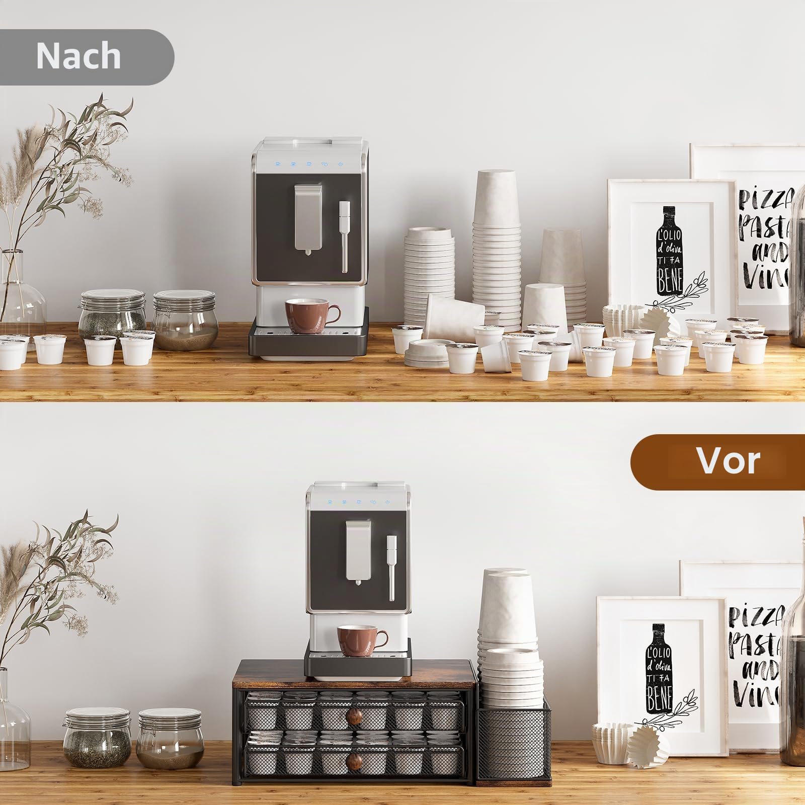 TQVAI Kapselhalter für mit 2 Schubladen Organizer, 60 Kaffeekapseln Aufbewahrung Stahl und MDF-Holz Kaffee Organizer Ständer mit 3 Schlitzen für Einwegbecher, Regal für Zubehör Küche Schwarz