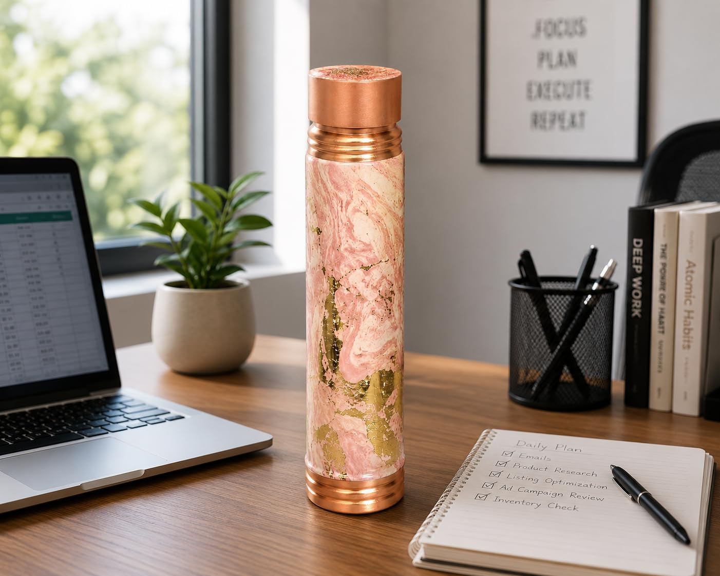 Copper Water Bottle for Drinking Water 1 Liter 100% Pure Copper Bottle, Pink Marble Finish, Ayurvedic Handcrafted, Leak-Proof, BPA-Free, 34 oz for Yoga, Office, Travel & Gifting image 4