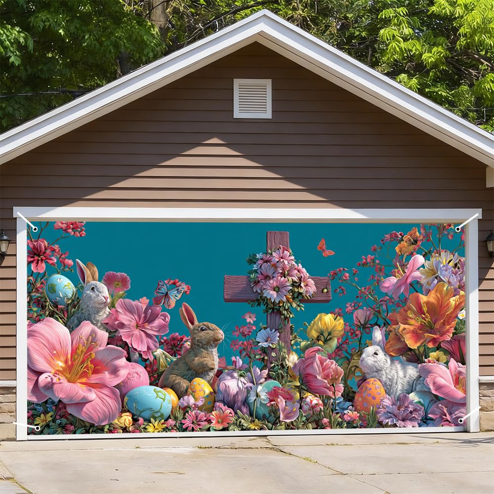 Spring Floral Cross Garage Door Cover 157x70" Bunny Colorful Eggs Butterfly Christian Outdoor Mural Waterproof Easter Home Decor