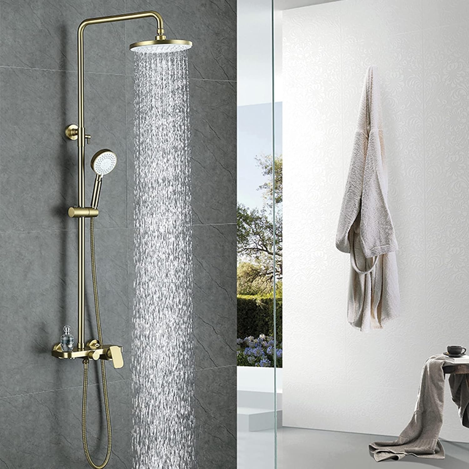 Bathroom Shower Faucet Set Brushed Gold 304 Stainless Steel Shower Fixture Wall Mounted Rain Shower System with 9 Inch Shower Head and Hand Shower Hot Cold Shower Mixer Set