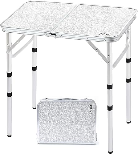 Mesa de camping plegable de 2 pies, mesa de pinic portátil de altura ajustable, mesa de tarjetas pequeñas, de aluminio, plegable, ligera, con asa de