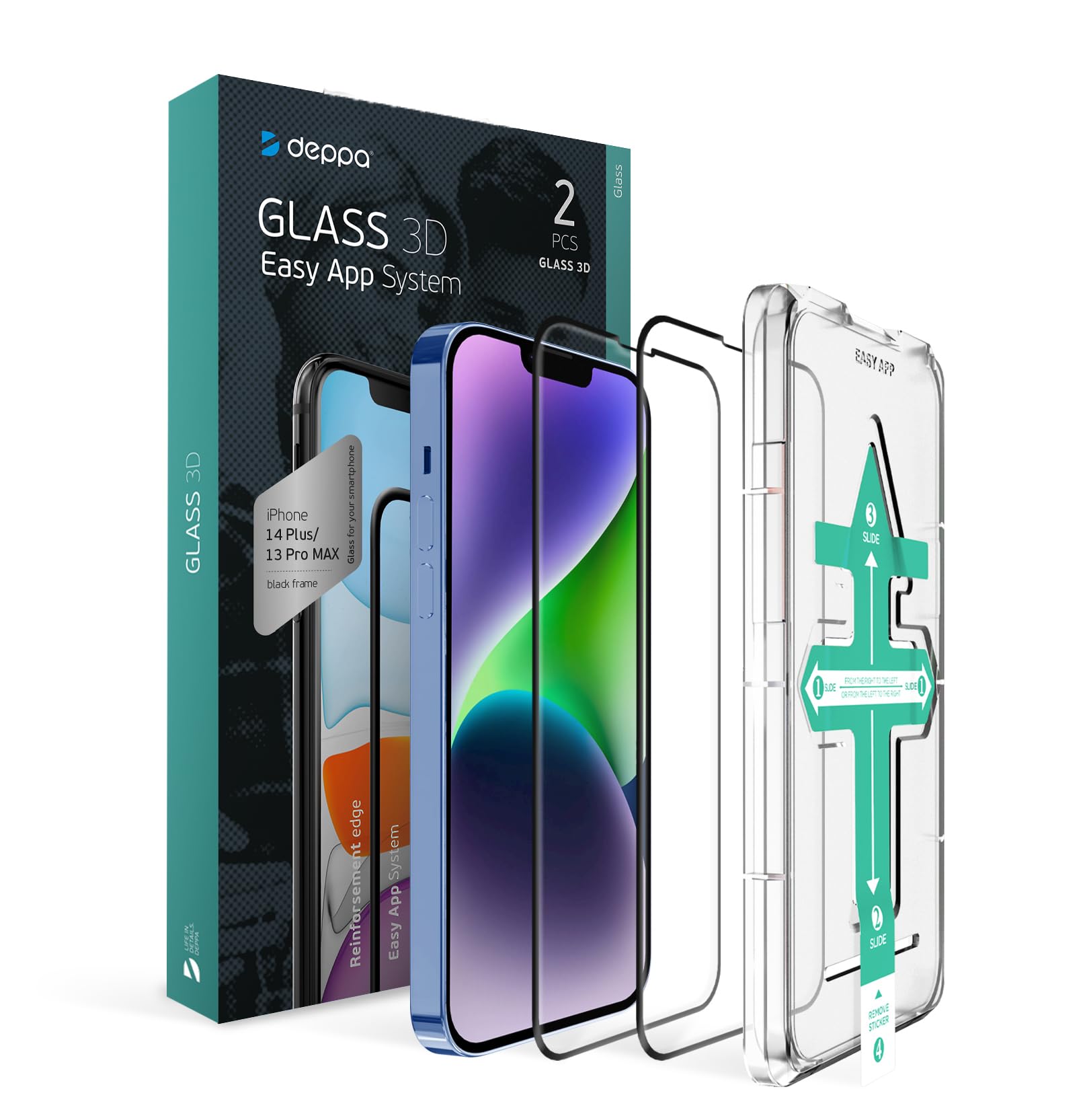 Deppa | 2 Piezas | Protector de Pantalla iPhone 13 Pro Max, 14 Plus (6.7") de Cristal Templado | Cobertura Completa, Antiarañazos, Resistente a Huellas, Kit de Instalación Fácil