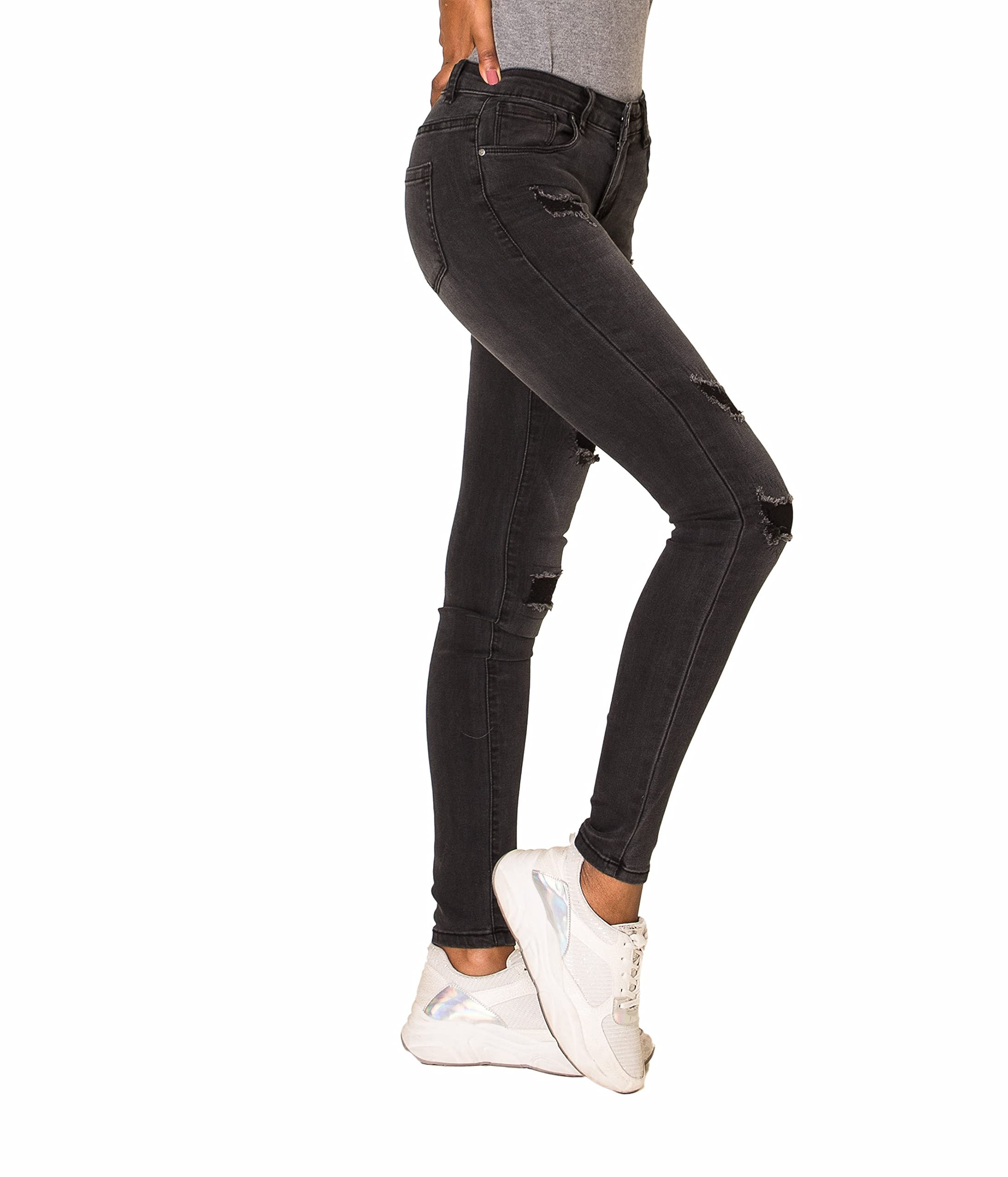 Nina Carter P100 Damen Skinny Fit Low Waist Jeanshosen mit Destroyed-Effekten Used-Look Jeans Waschungseffekt