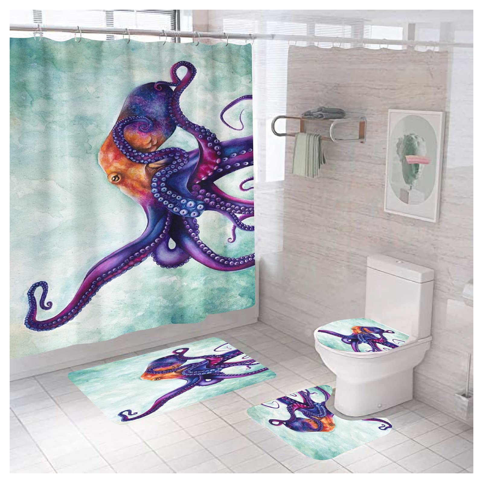 Ergocar Rideau de Douche, Imperméable Antibactérien Rideau de Douche, Rideaux Salle de Bain avec 12 Crochets, Séchage Rapide(Coussin de Toilette, Coussin en Forme de U, Coussin de Sol)