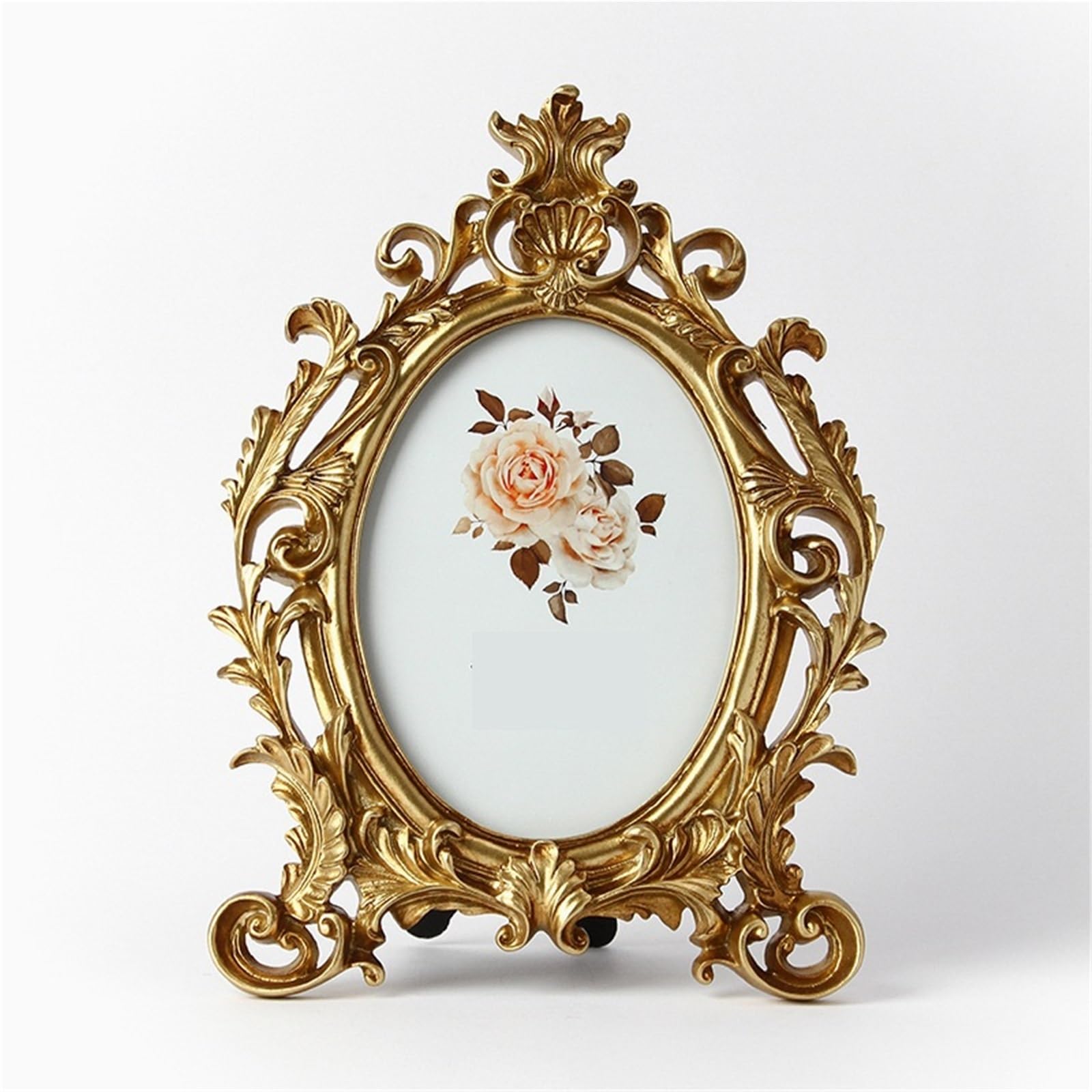 Nostalgic Oval Vintage Photo Frame Gold Resin Antique Prop Desktop Display With Hook And Stand for home decor(4x6)