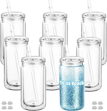 ZONEGRACE 8 Pack 16oz Snow Globe Tumblers with Lids, Straws & Plugs, Double Wall Acrylic Plastic Snowglobe Cups, Pre-Drilled Hole DIY Glitter Tumbler Supplies, Bulk Clear Globe Cups for Party Favors