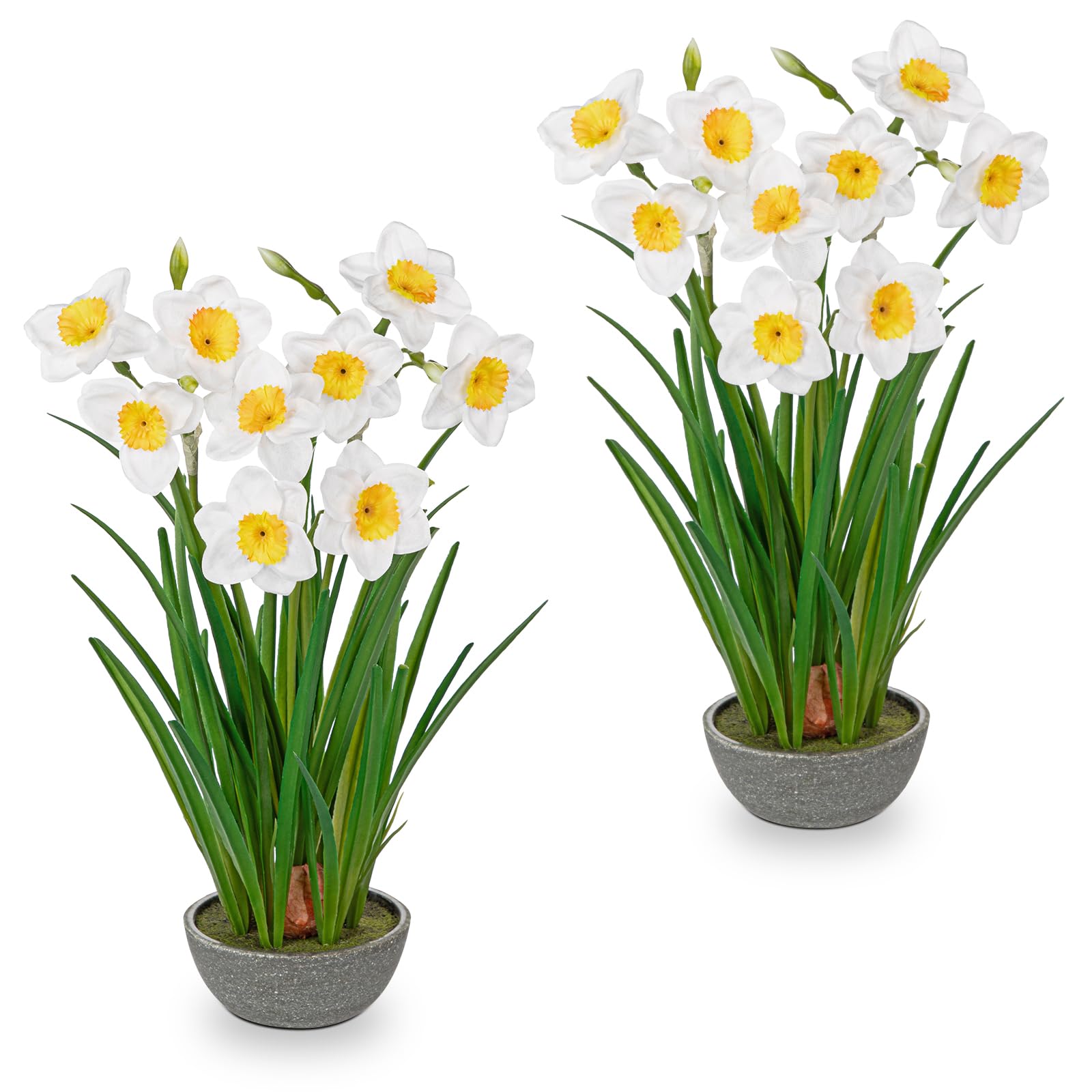 Hollyone 2PCS 13.7'' White Artificial Flowers, Fake Daffodils Decorative Faux Flowers in Pot