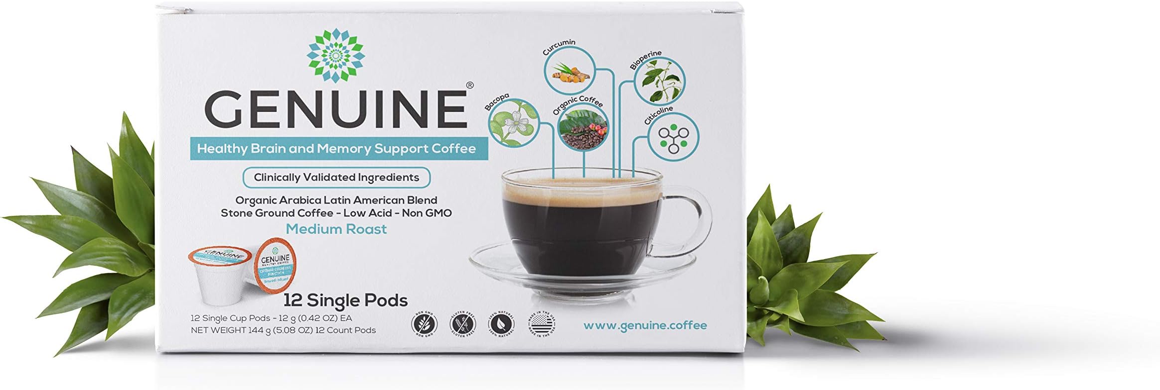 GENUINE HEALTHY BRAIN Coffee for Optimal Cognitive Function, Creativity & Focus; Organic Non-GMO 100% Arabica Grade Latin American Stone-Ground Coffee, Medium Roast, Low Acidity (12 Single Cup Pods)