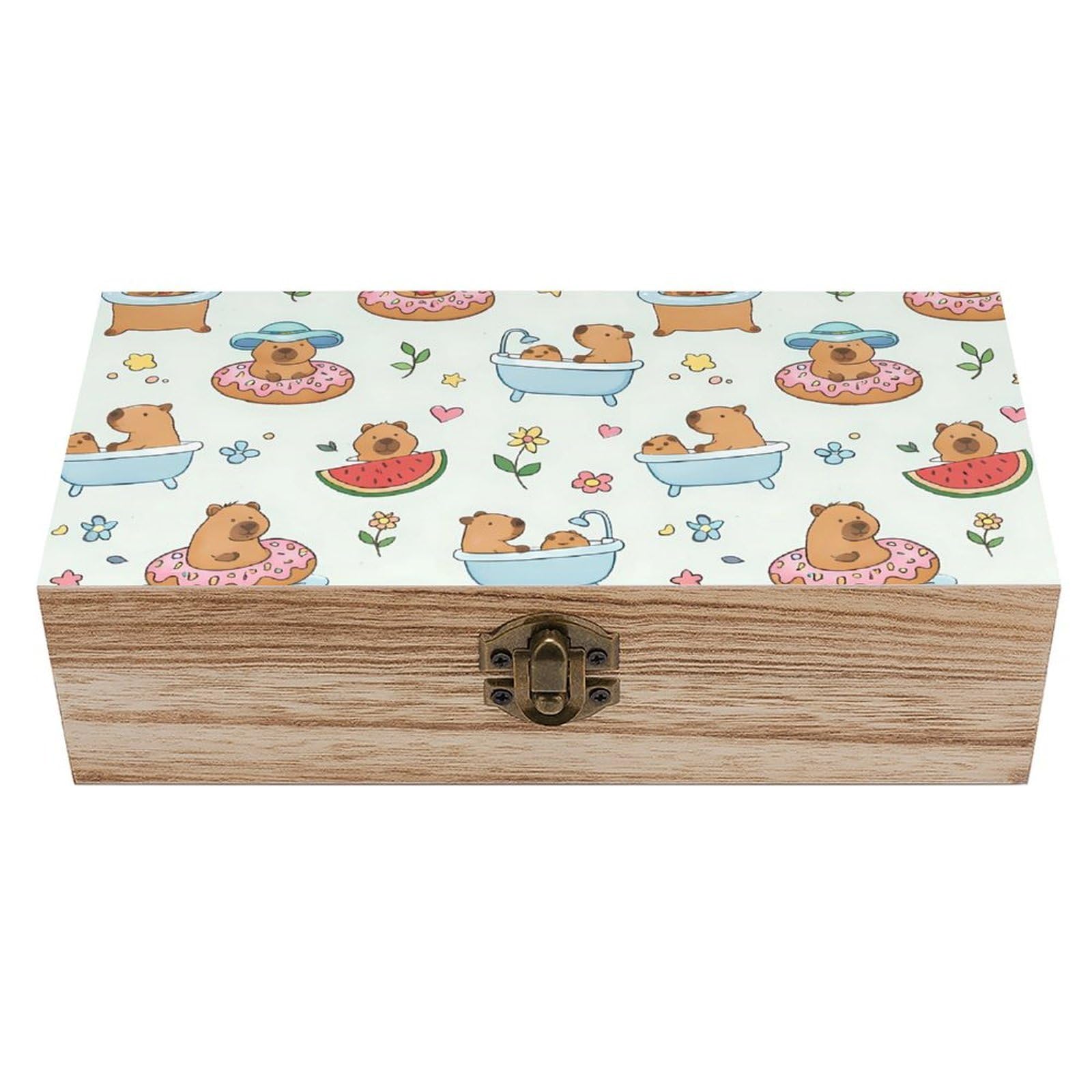 HLBSDM Cute Capybaras Floral Square Wooden Storage Box