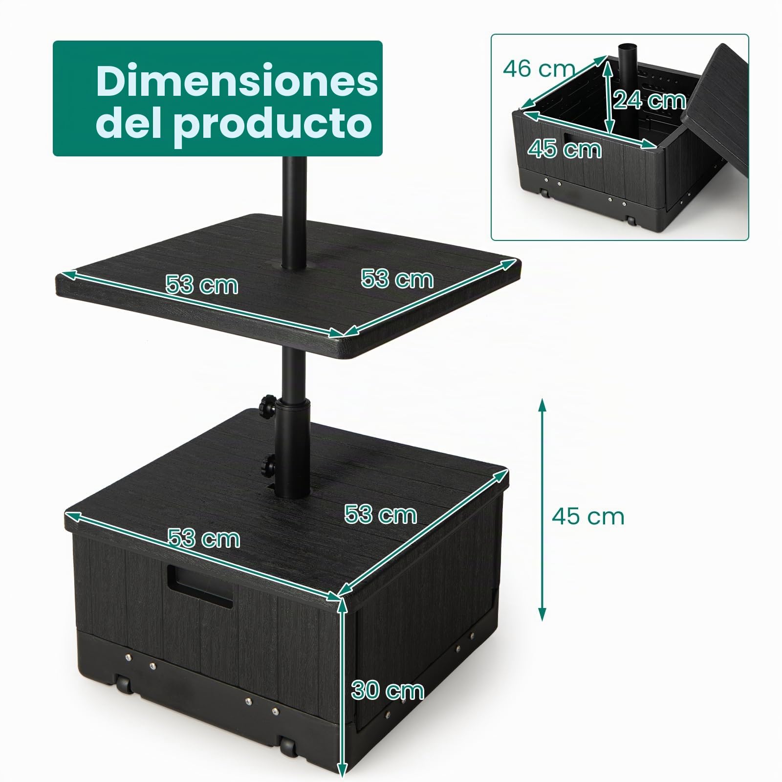 KOMFOTTEU Soporte para Sombrilla con Ruedas y Bandeja de Mesa, Base de Sombrilla Rellenable de 45L de Agua/67kg de Arena, Base para Sombrilla de 38/48 mm con Asa