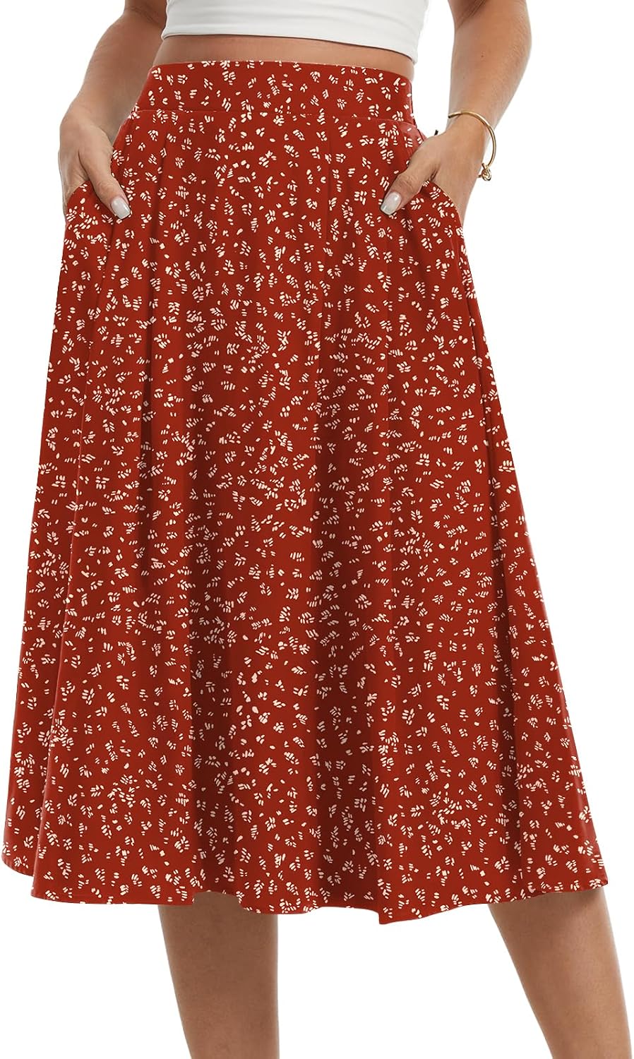 Women's Midi Flowy Skirts Summer A-Line High Waisted Casual Below-The-Knee Skirt with Pockets