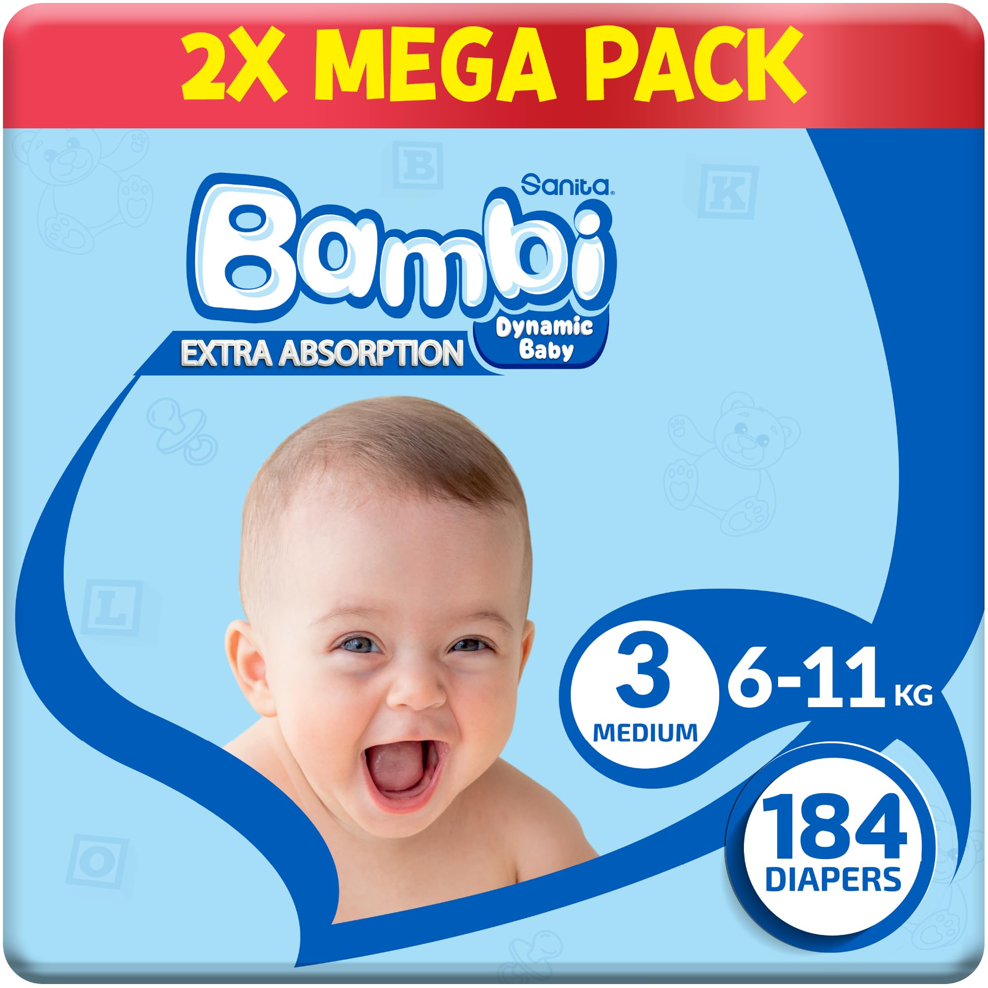 Sanita Bambi, Size 3, Medium, 2X92, 184 Diapers, White