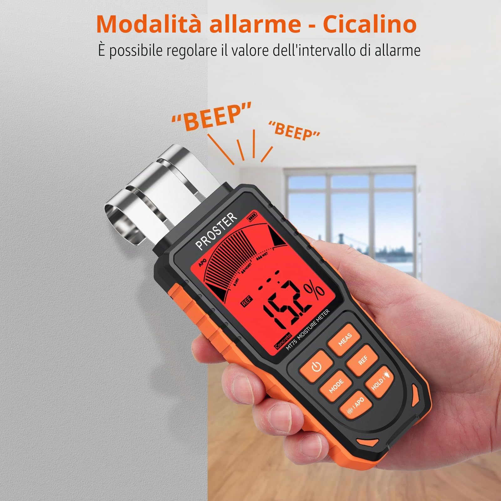 Proster Misuratore di Umidità Ricaricabile Senza Punte per Pareti con Schermo LCD a 3 Colori e 5 Modalità Legno Calcestruzzo Cemento Gesso INDEX Allarme Sonoro e Luminoso Rilevamento Fino a 40 mm