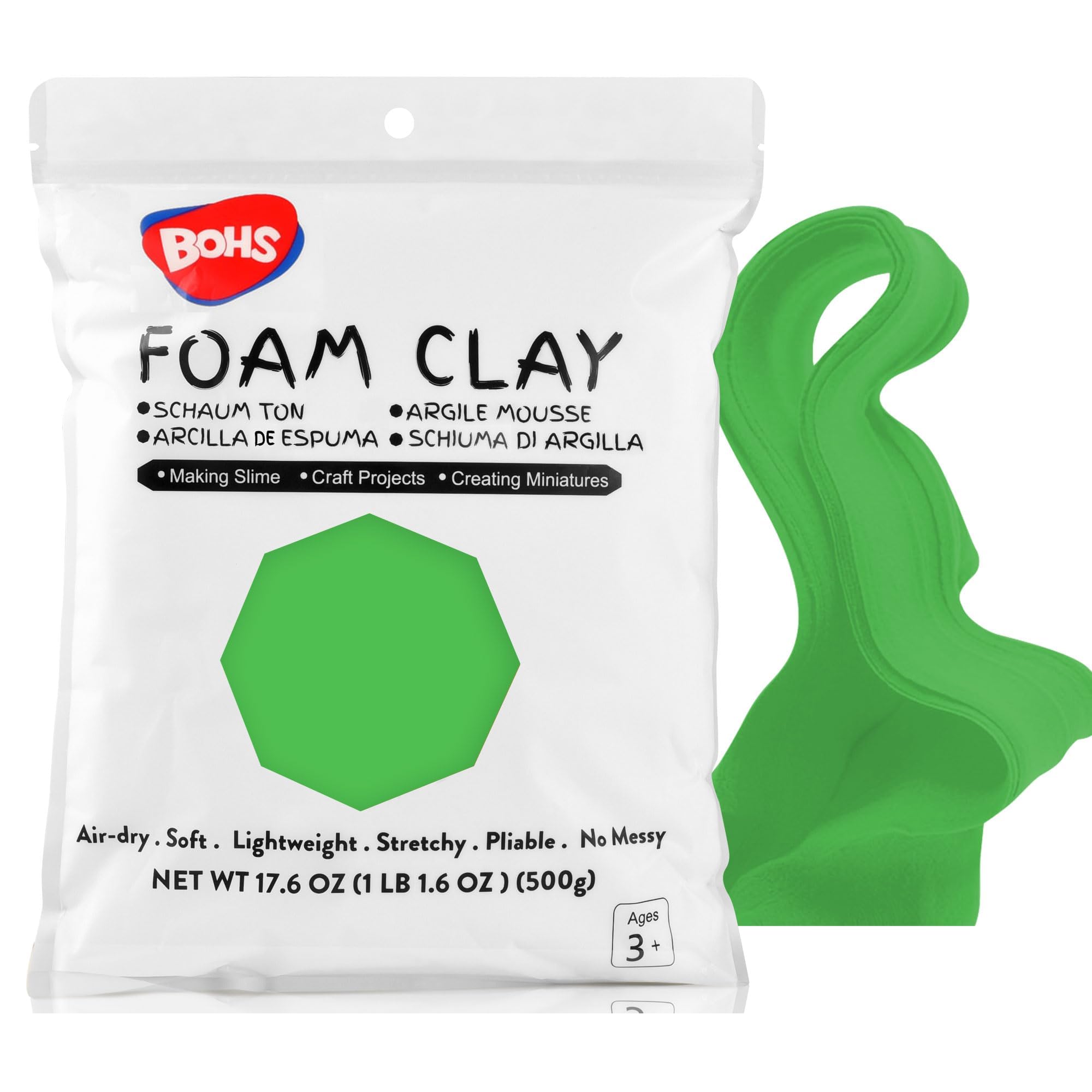 BOHS Green Modeling Foam Clay Lite - 500 Grams, Soft, No Stains, No Cracks - Air Dry Clay for Flower Mirror,Cosplay, Figurine, Slime - 1.1 Lbs.