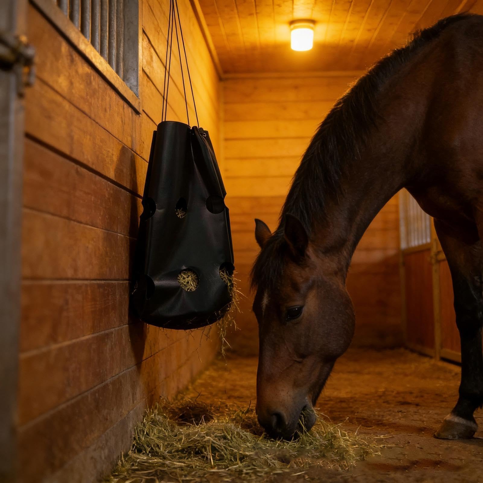 Bolsas de heno para caballos | Organizador grande ajustable con 16 agujeros | Red de alimentación lenta de heno | para cabras, ovejas, establos, remolques, transporte, paddock, granja, rancho