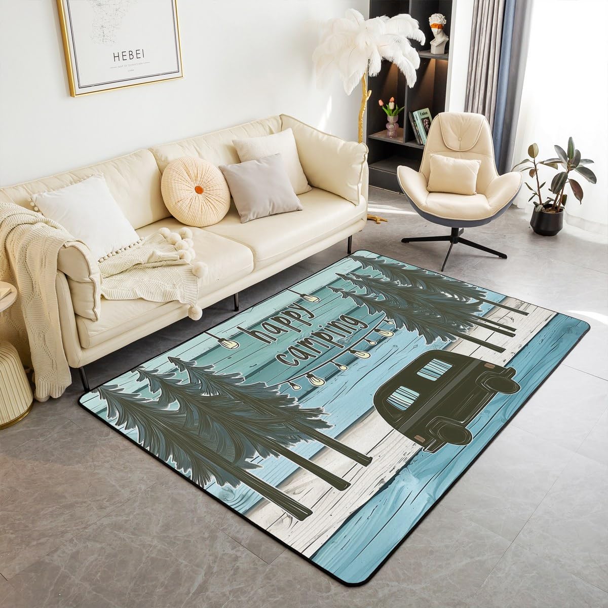 Loussiesd Zielone dywaniki do salonu, do sypialni, 150 x 200 cm, dla dzieci, szczęśliwy kemping, dekoracja, dywan dla chłopców, dziewcząt, nastolatków, kampera, akcesoria samochodowe, do podróży