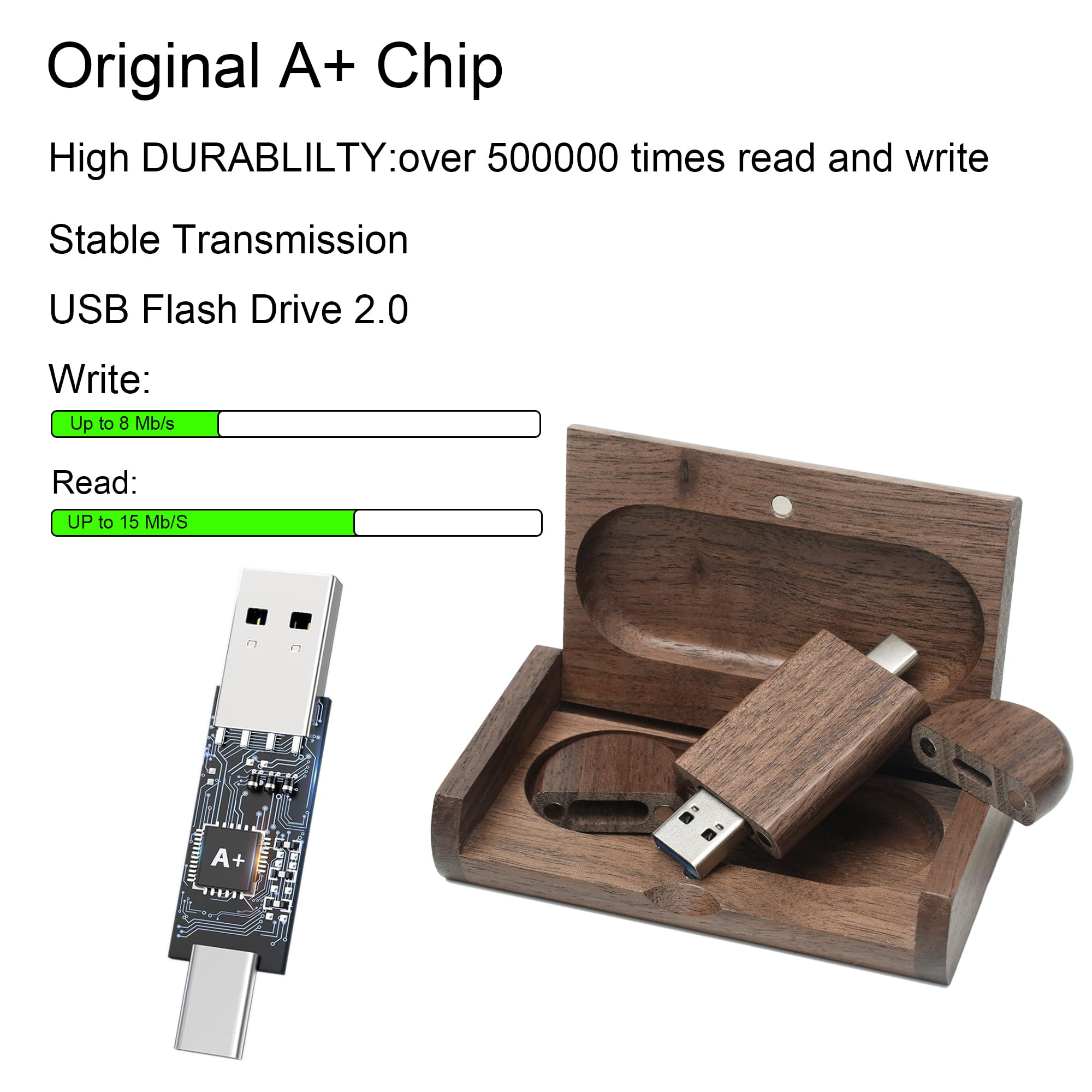 8GB USB C Flash Drive USB 2.0 Flash Drive High Speed Dual OTG Pen Drive Walnut Wood Box for TV, Car, Smartphones, PC, Laptop - 2
