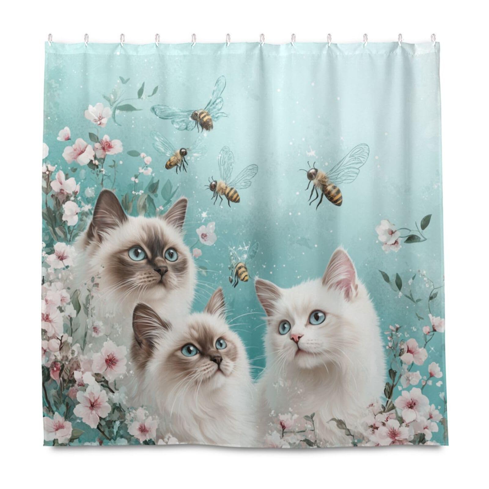 Rideau de douche hydrofuge chat ragdoll turquoise lavable avec crochets