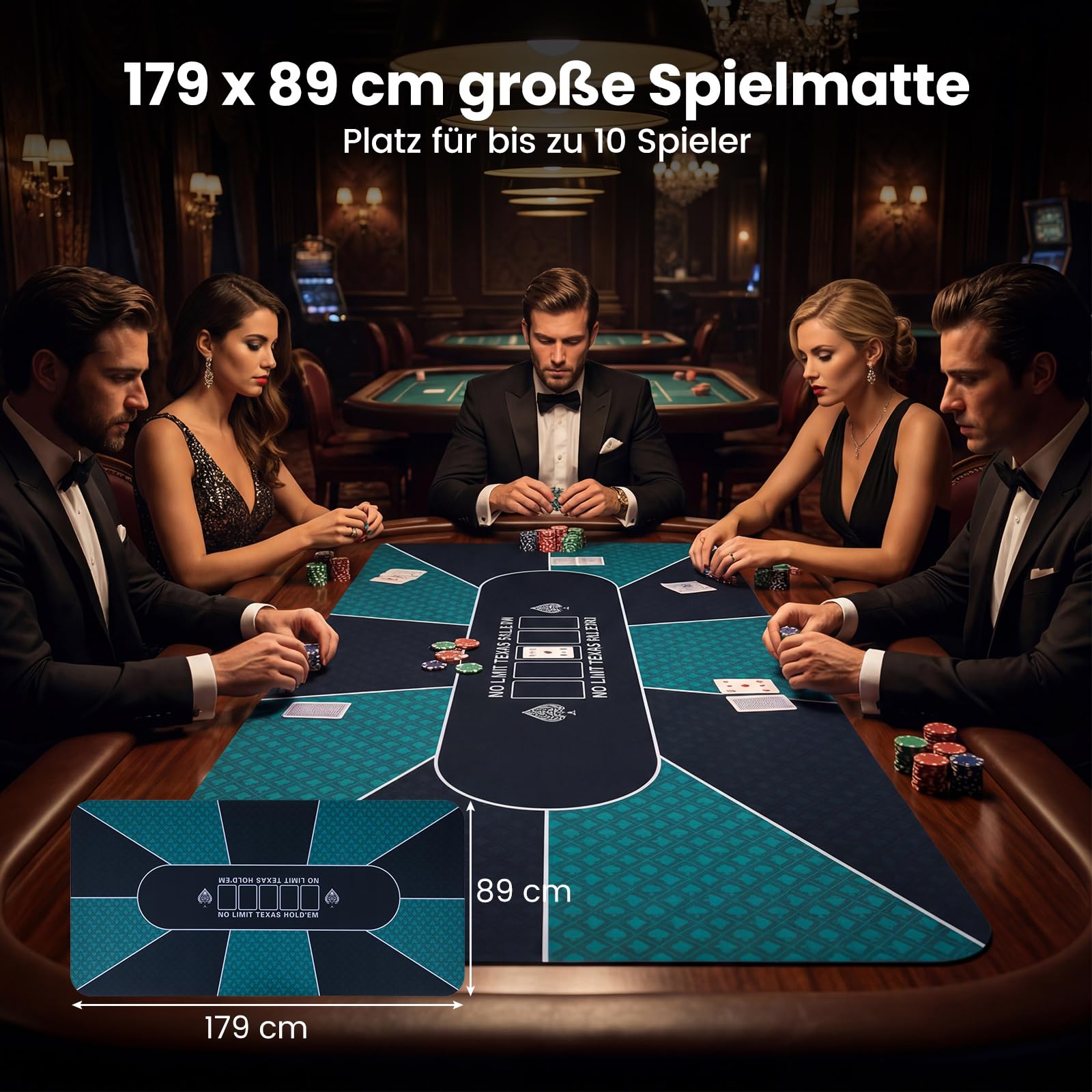 COSTWAY Pokermatte 179 x 89 cm, Texas Hold'em Pokertisch-Auflage rutschfest und wasserfest, Pokerauflage für bis zu 10 Spieler, inkl. Tragetasche, Poker Matte für Casino, Blackjack