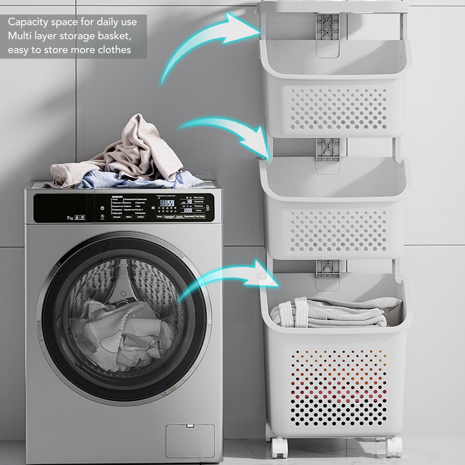 Rolling Laundry Hamper con 4 ruedas, cesta de almacenamiento de ropa multipropósito para casa, cocina, baño (3 nivel)