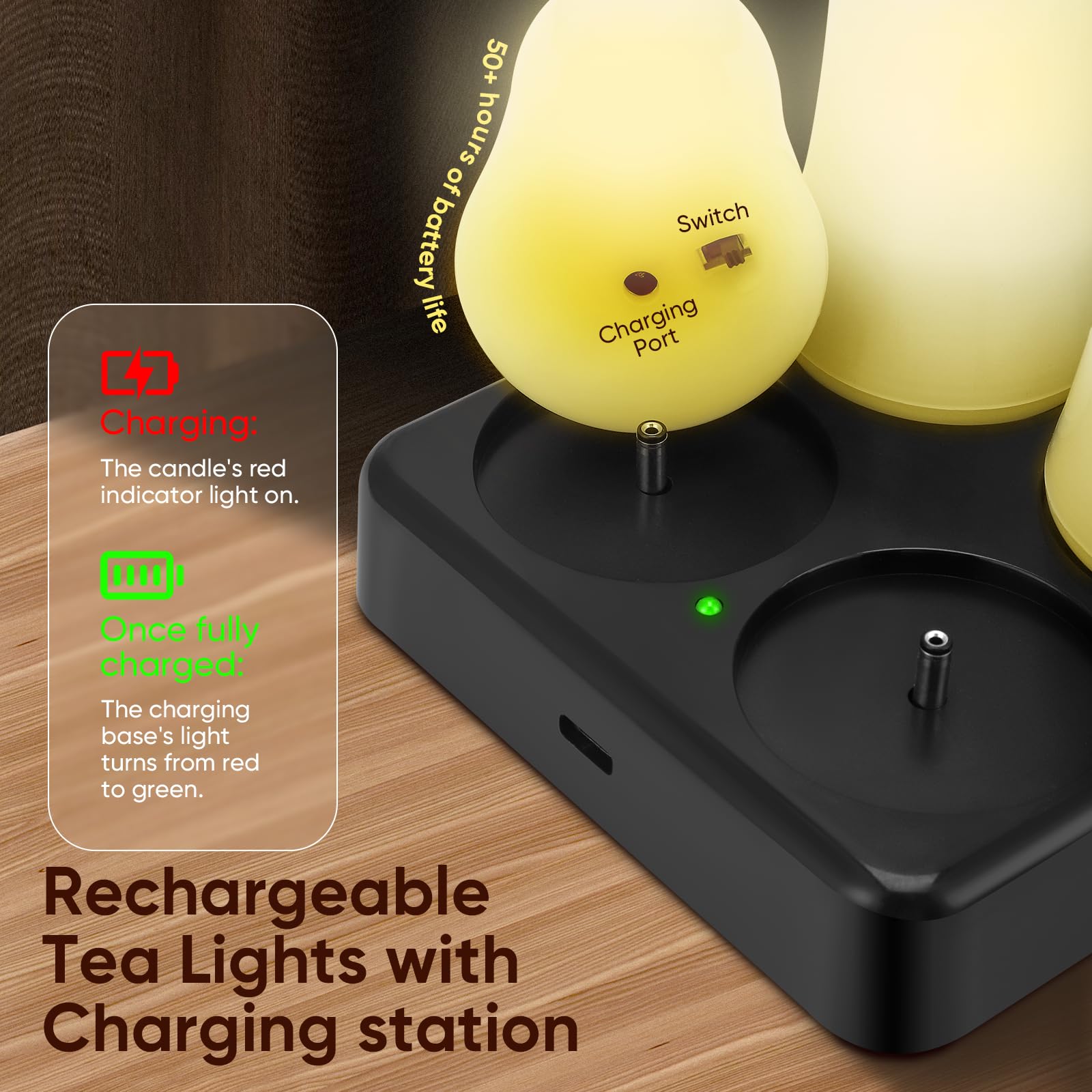 Lot de 12 bougies chauffe-plat LED rechargeables avec station de charge et télécommande, bougies LED RVB alternatives, pour fête, chambre, salon, mariage, Halloween, Noël