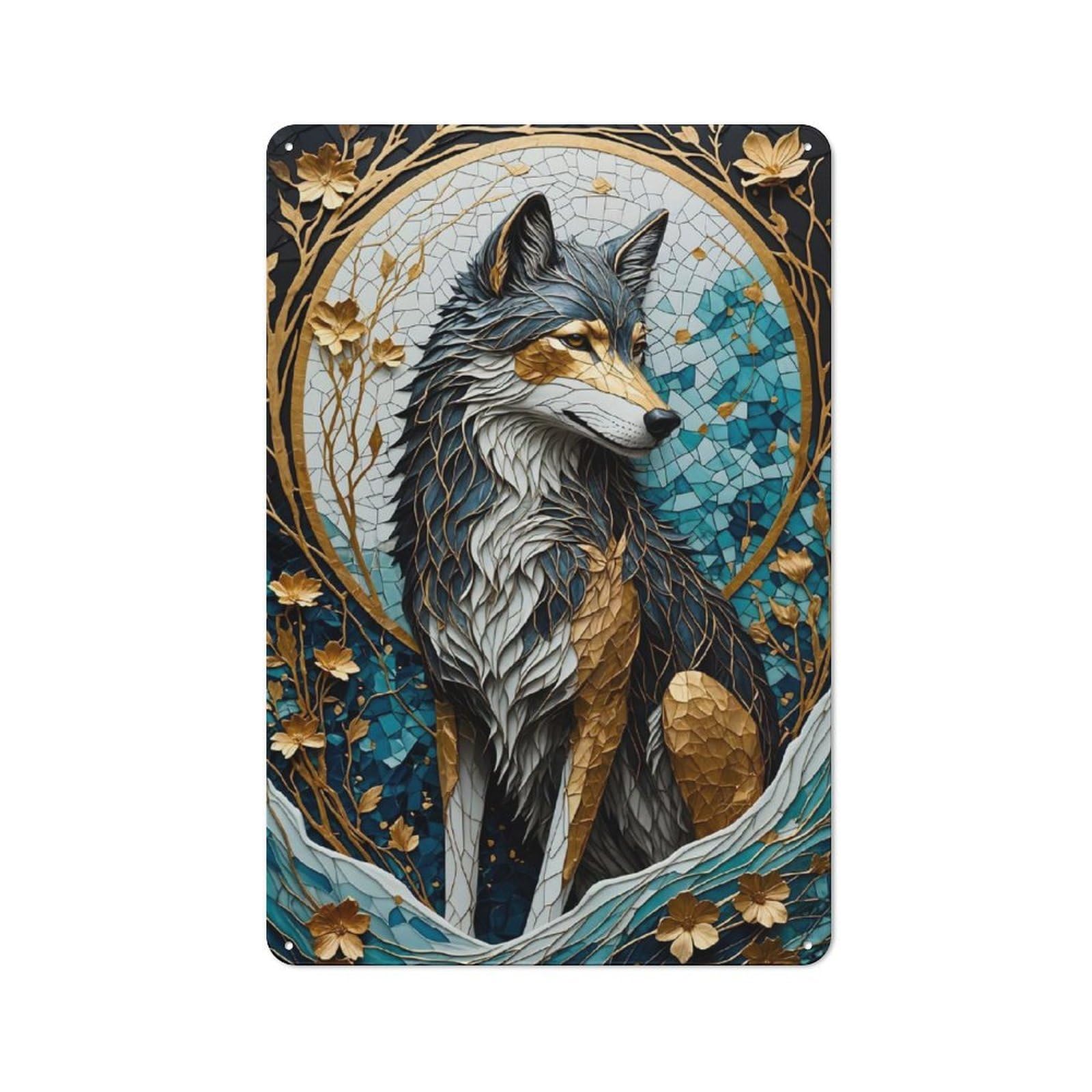 Junmoney Wolf Gold Kintsugi Retro Tin Sign 30X20cm For Living Room Or Hallway, Gift For Living Room Decor Lovers During The Christmas Season