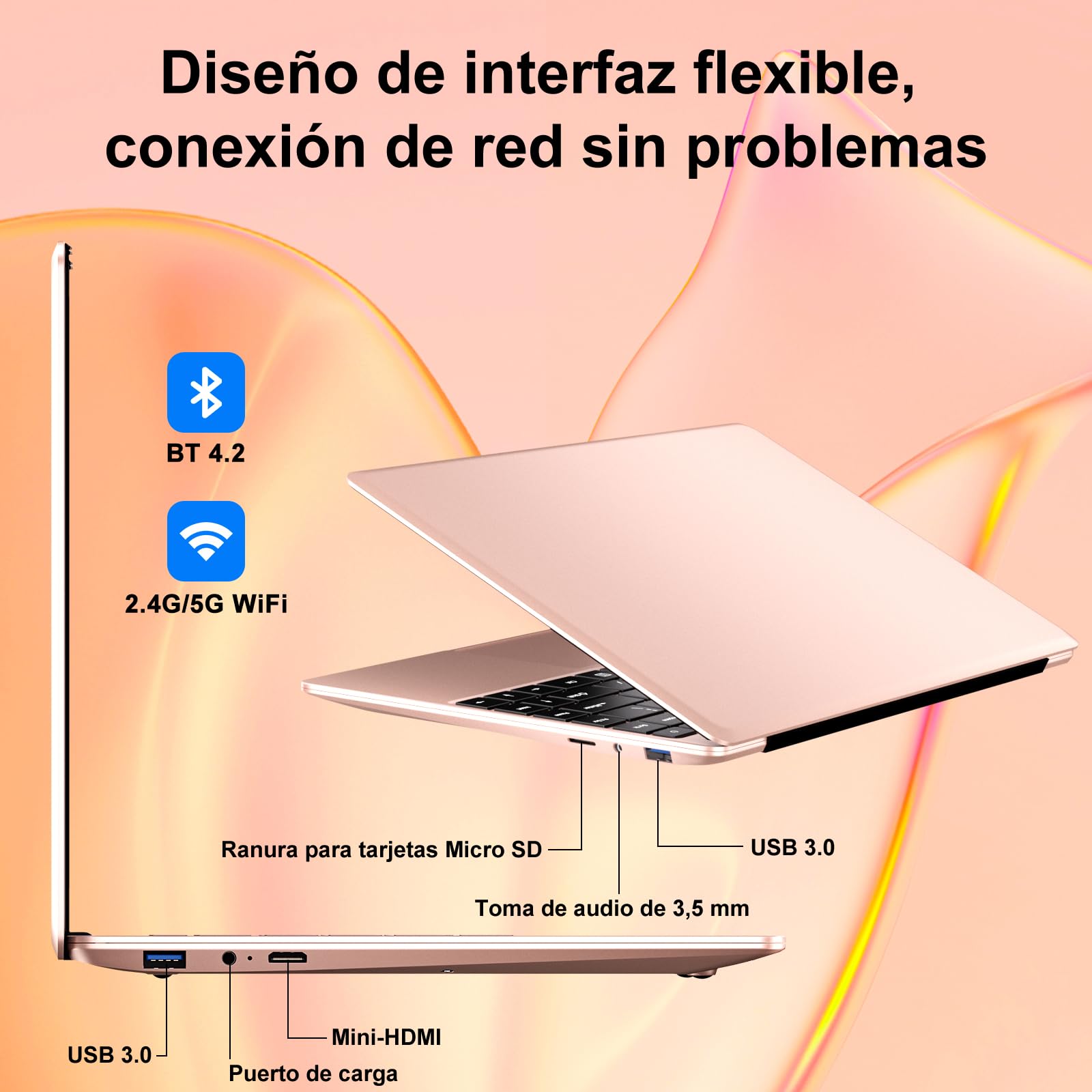 Ordenador Portatil Celeron N4020 Up to 2.8Ghz, Ordenadores Portatiles 14 Pulgadas Win 11 con 5G WiFi 6+256GB SSD Expansión 1TB, BT 4.2 1920*1080 FHD Mini Puerto Multimedia Portatiles Buenos-Oro