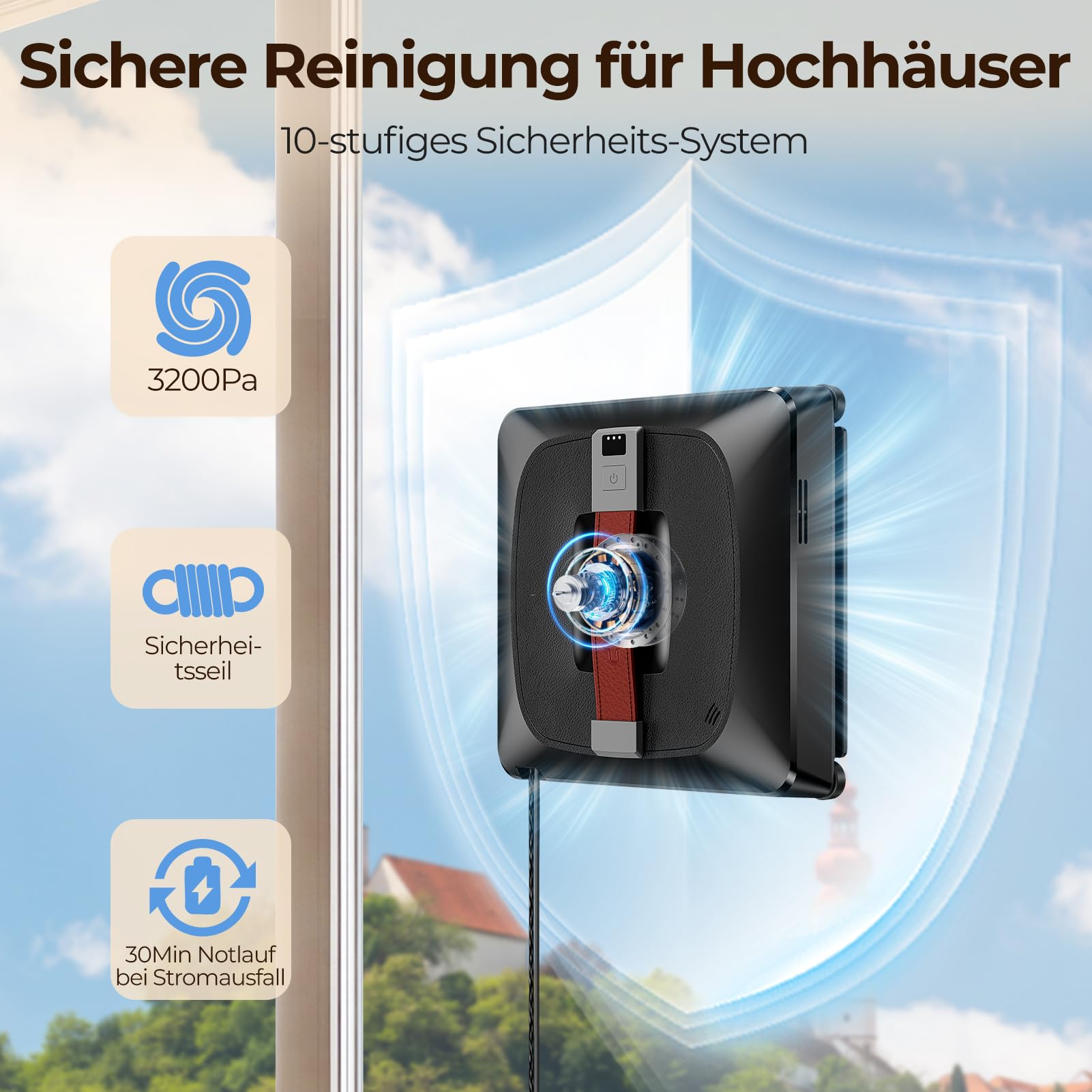 Z9 Pro Fensterputzroboter für hohe Fenster, Innen & Außen, 3200Pa Saugkraft | 4 Sprühdüsen Ausgestattet, Starke Saugkraft, Randerkennung, Intelligente Navigation