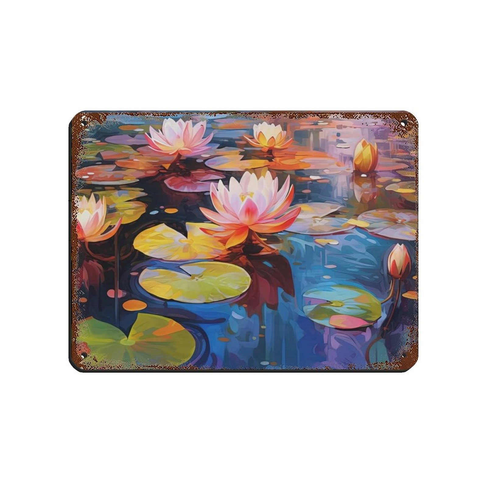 Peinture à l'huile abstraite étang de lotus déco vintage en métal pour bar et salon 30x40cm
