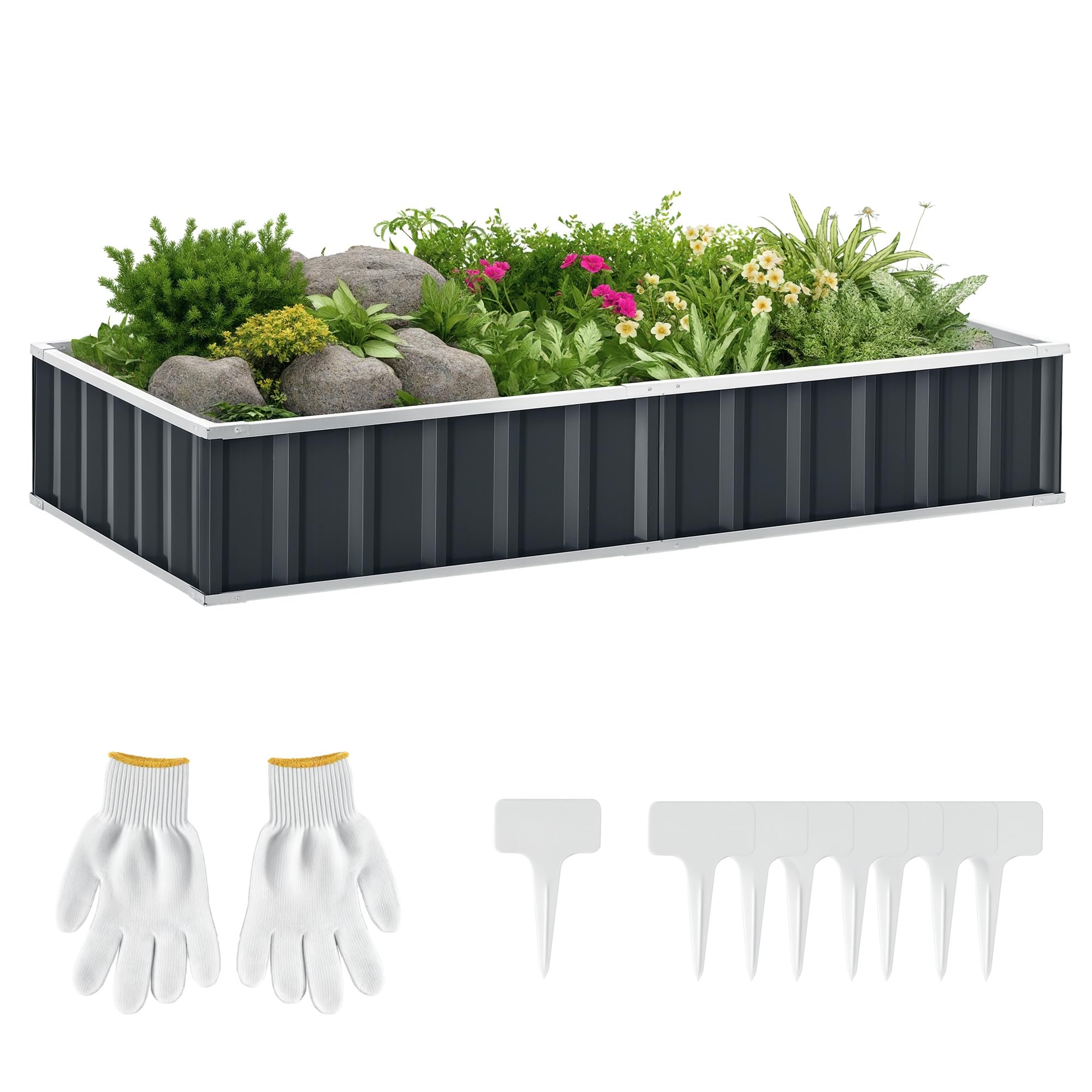 Outsunny Huerto Urbano Arriate de Jardín de Acero 174x90x30 cm Gris | Incluye Guantes; Jardinera Rectangular para Cultivos, Plantas y Flores en Terraza o Balcón