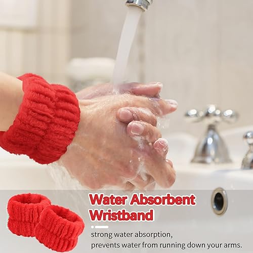 Miniatura 3 de WHAVEL Juego de 6 diademas y pulseras de spa rojas, diademas de lavado facial de Navidad, bandas para lavar la cara, maquillaje, cuidado de la piel,
