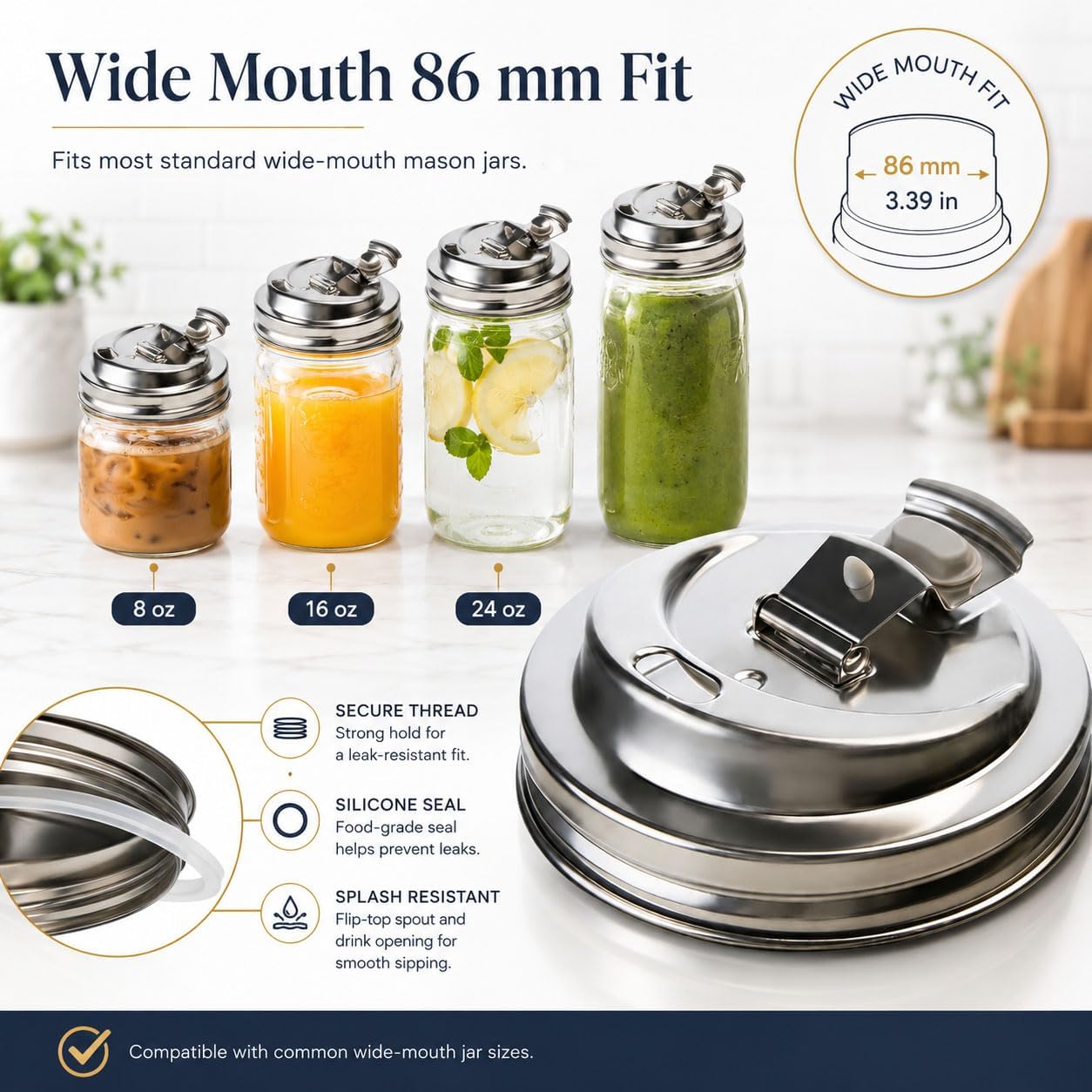 Metal Mason Jar Drinking Lids, Reusable Stainless Steel Mason Jar Lids Wide Mouth with Flip Top, Seal Spill Resistant for Coffee Cups, Juice & Salad Dressing (4PCS+Straw)