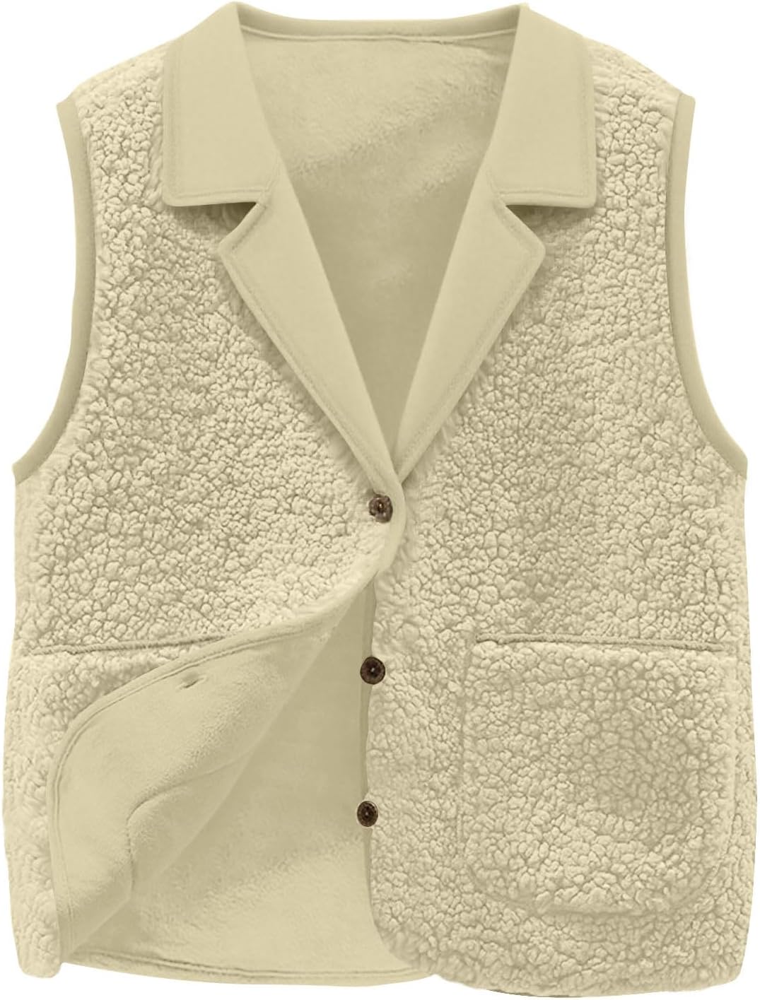 Gilet En Peluche Sans Manches Pour Femme - Col Rabattu, Boutons, Poches - Chaud Pour Automne/hiver - Couleur Unie