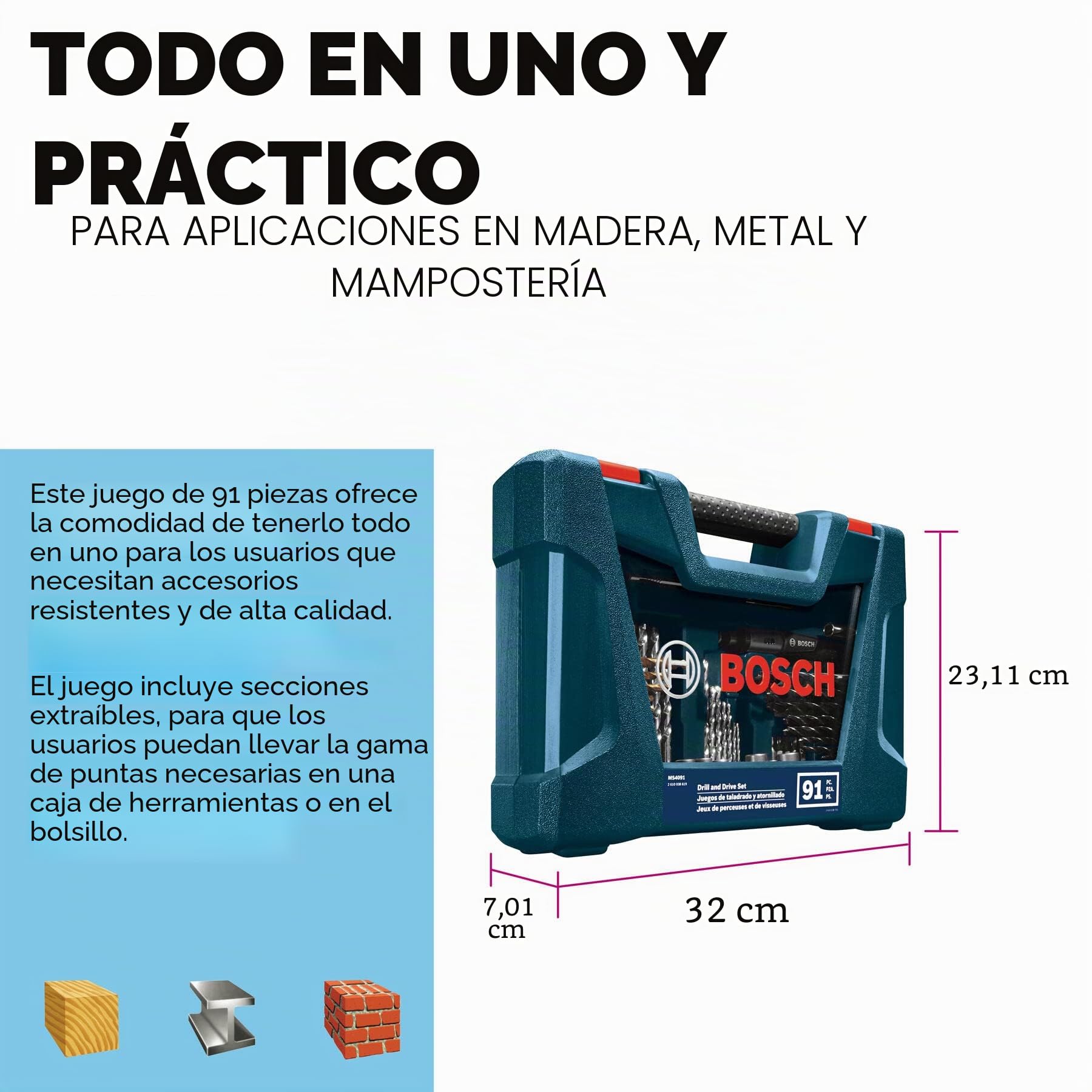BOSCH MS4091 - Juego mixto de perforación y atornillado de 91 piezas con estuche incluido para aplicaciones en madera, metal y mampostería