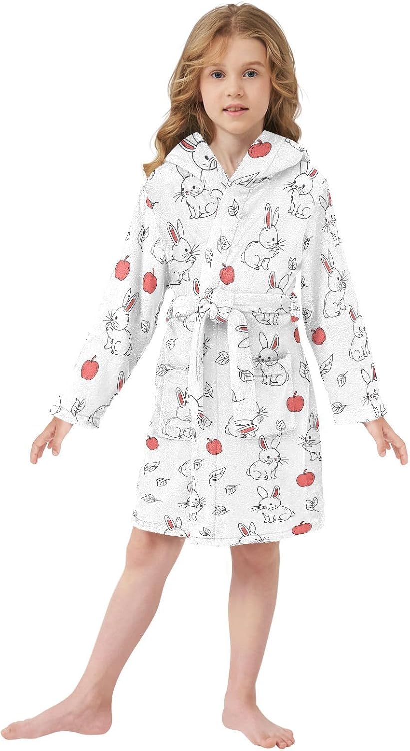 senya Hand Painted Rabbit Toddler Hooded Bathrobe Kids Soft Plush Bath Towel Robes for Boys Girls 2-12 Years