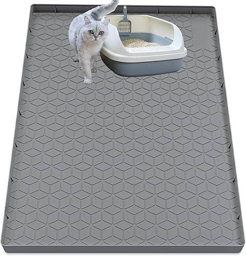 Miniatura 9 de Tapete de arena para gatos para caja de arena, tapete grande de silicona para atrapar arena para gatos, 28 x 22 pulgadas, impermeable y Gris
