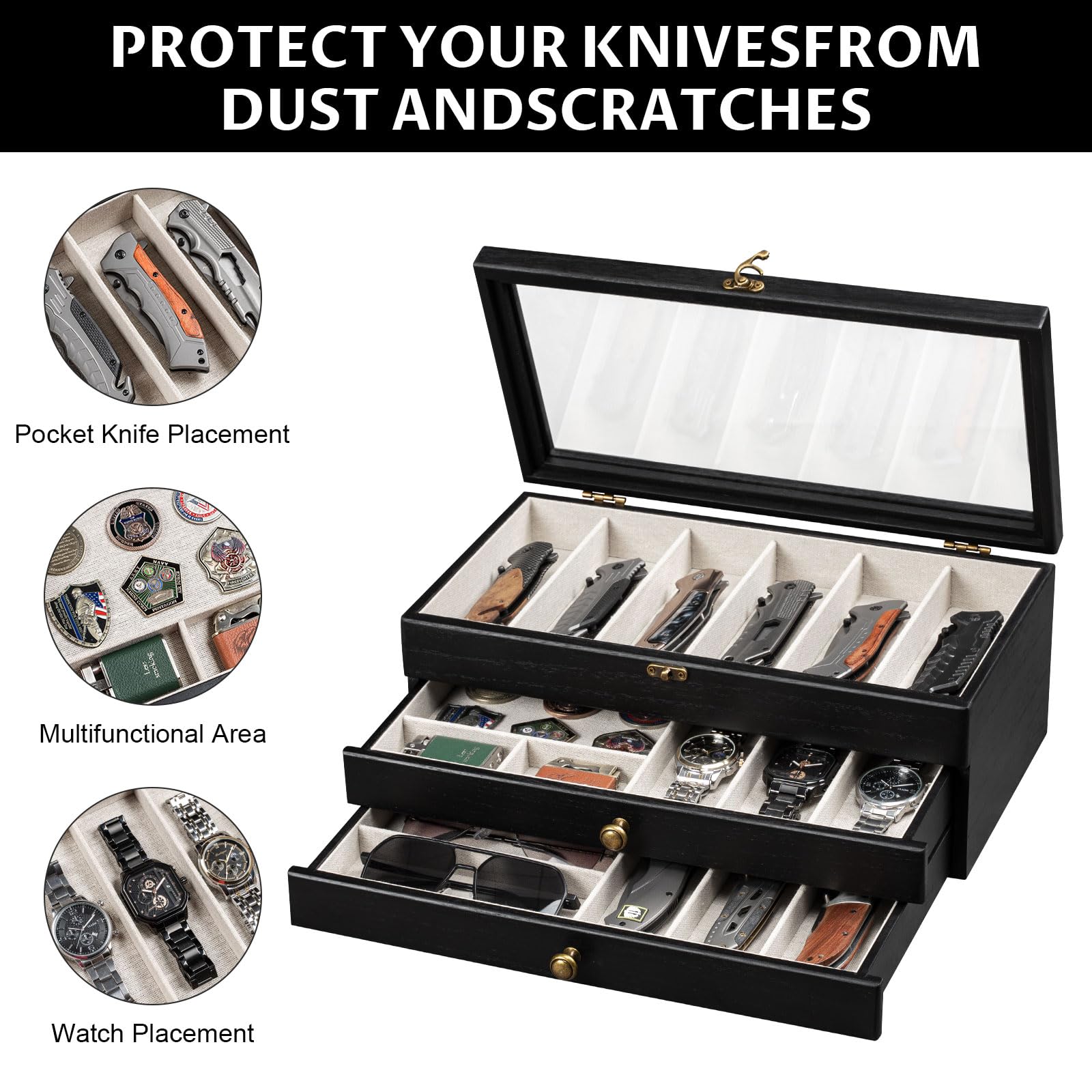 3 Étages Coffret Poignard, Bois Boîte Présentoir à Couteaux avec Tiroir et Couvercle Transparent, Support à Couteaux pour Exposer et Ranger les Couverts, pour Collection, Cadeau (Noir)