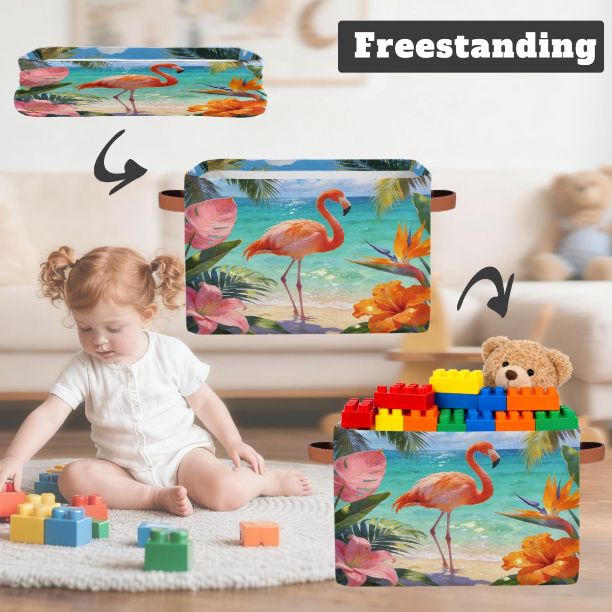 Summer Beach Flamingo Rechteckiger Aufbewahrungskorb mit Ledergriffen, 2 Stück, faltbarer Stoff-Aufbewahrungskorb für Schrank, Badezimmer, Wohnzimmer, Büro, Spielzeug, Organizer, Wäschekorb