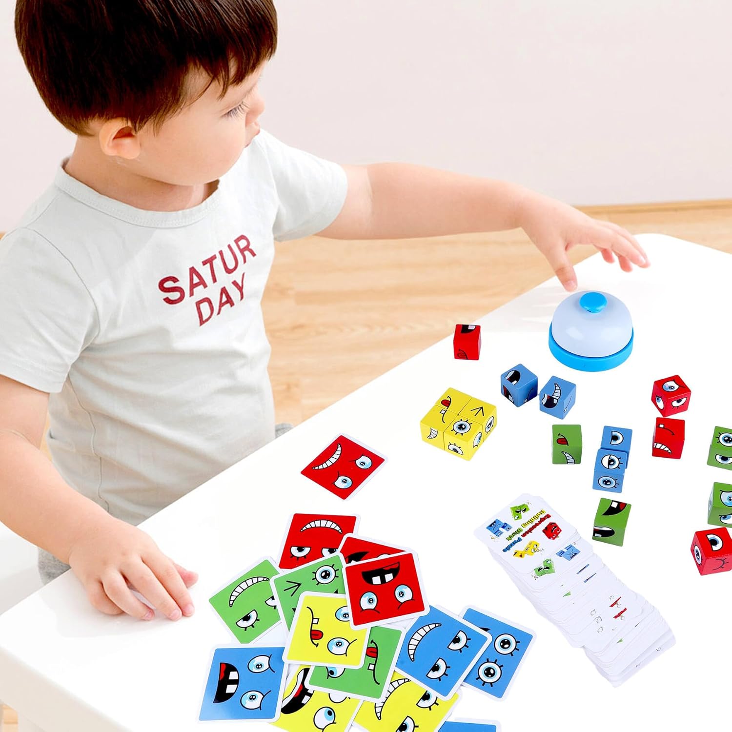 Montessori Puzzle Game for Kids - Wooden Face Changing Magic Cube Game, Educational Face Changing Cubes, 3+ Years (64 Cards, 16 Blocks, 1Bell)
