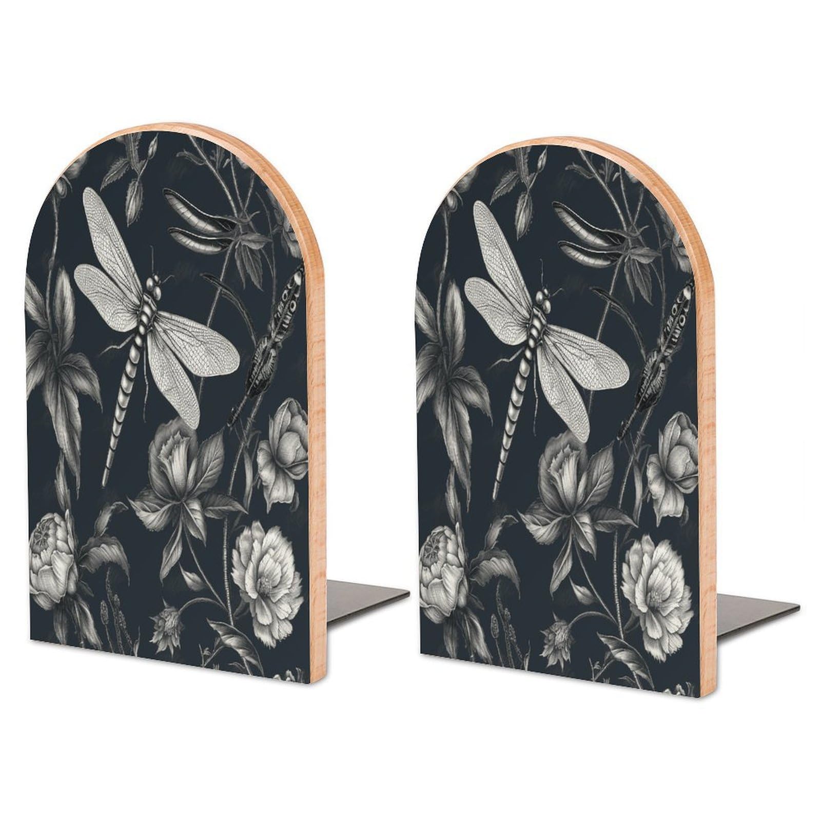 Sujetalibros de flores y libélula de madera con base de metal 1