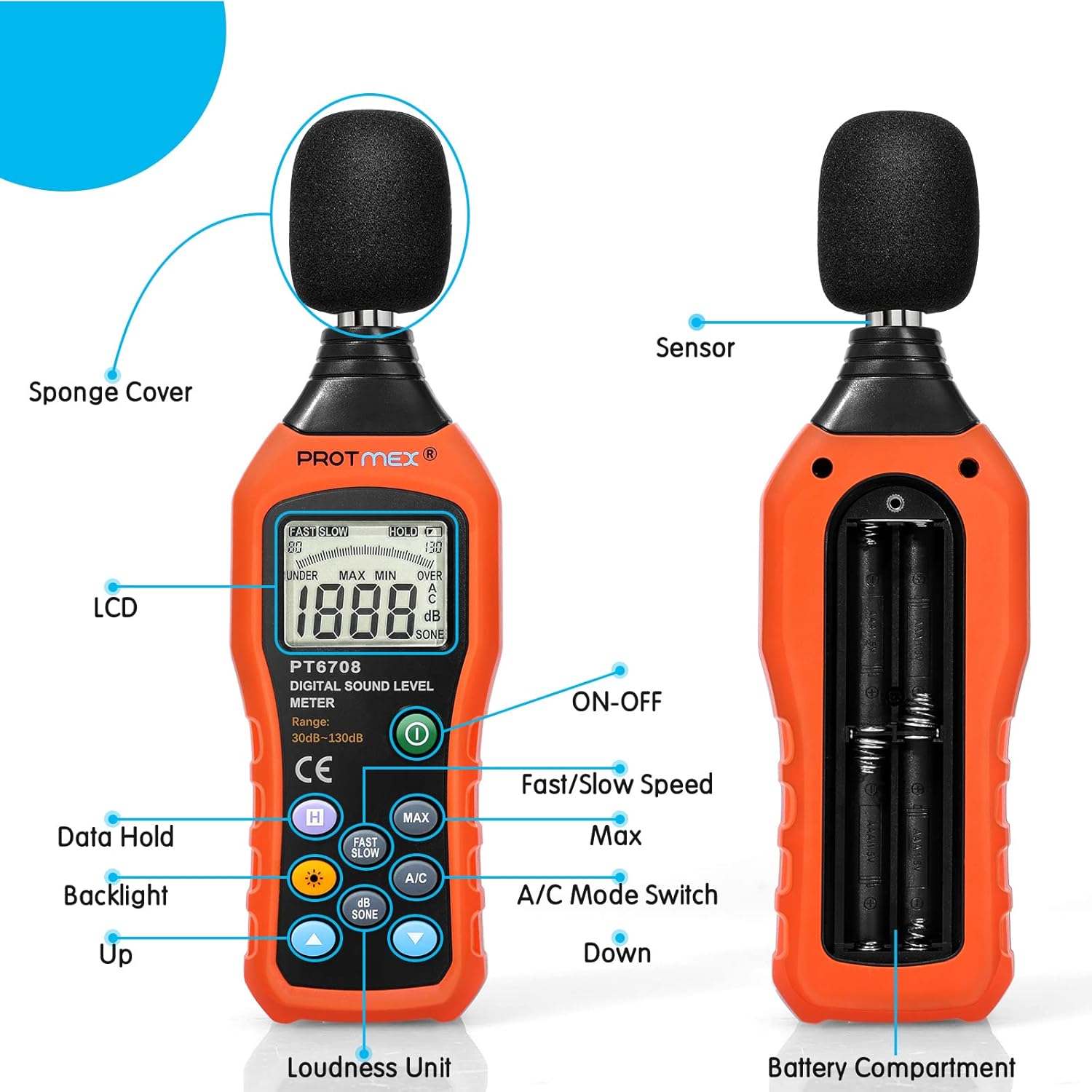 Diagram of Protmex PT6708 Sound Level Meter with labeled parts