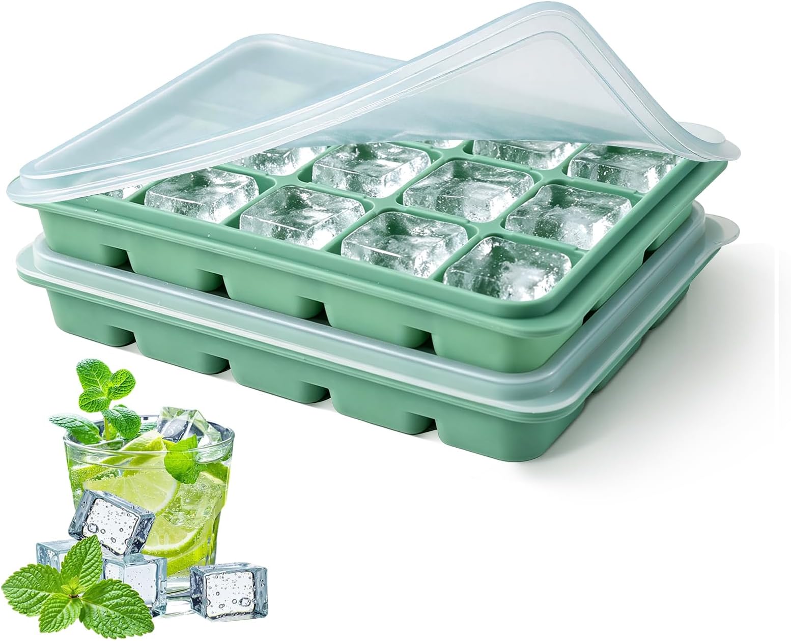 Tvmania Ice Cube Trays Set of 2, 15-Cube Silicone Molds with Removable Lids