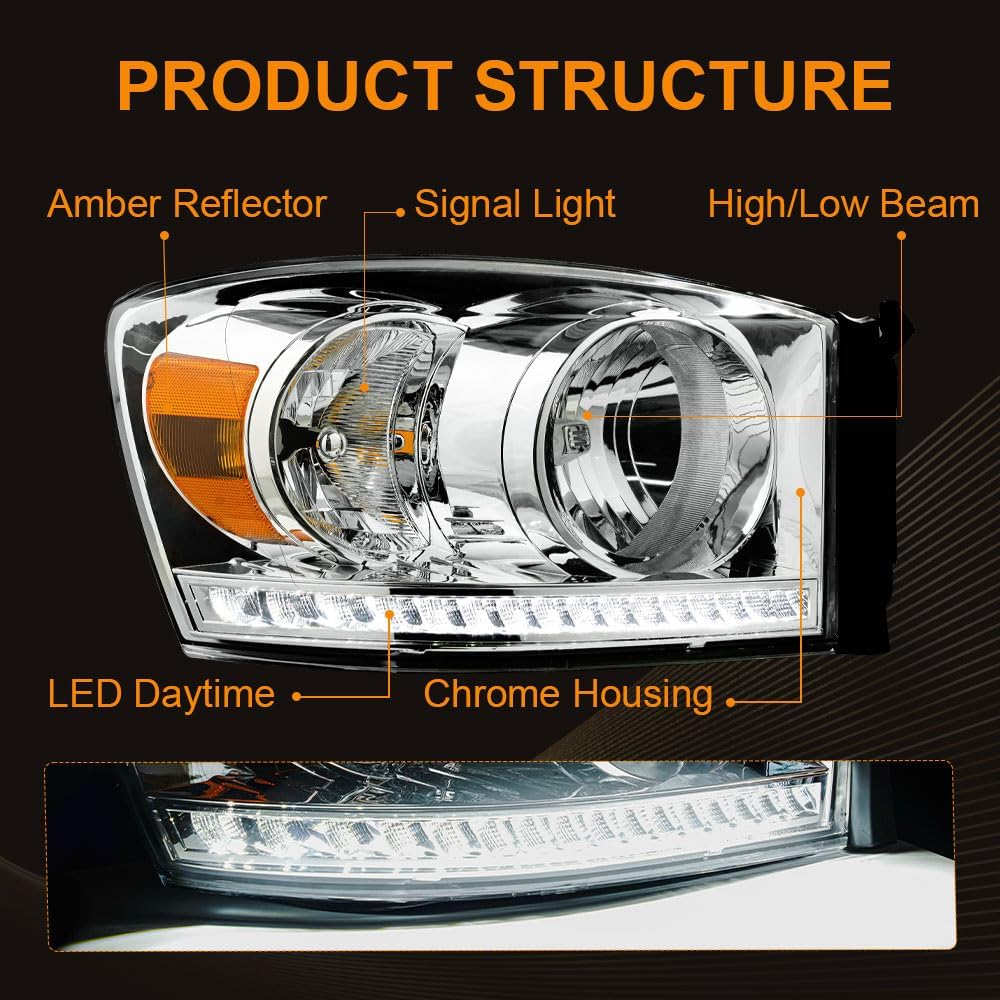 LED Headlight Assembly, Headlights Kit Compatible with 2006-2008 Dodge Ram 1500/2006-2009 Ram 2500 3500(Fits Models with Halogen Headlamps Only) Headlamp Chrome Housing Amber Reflector