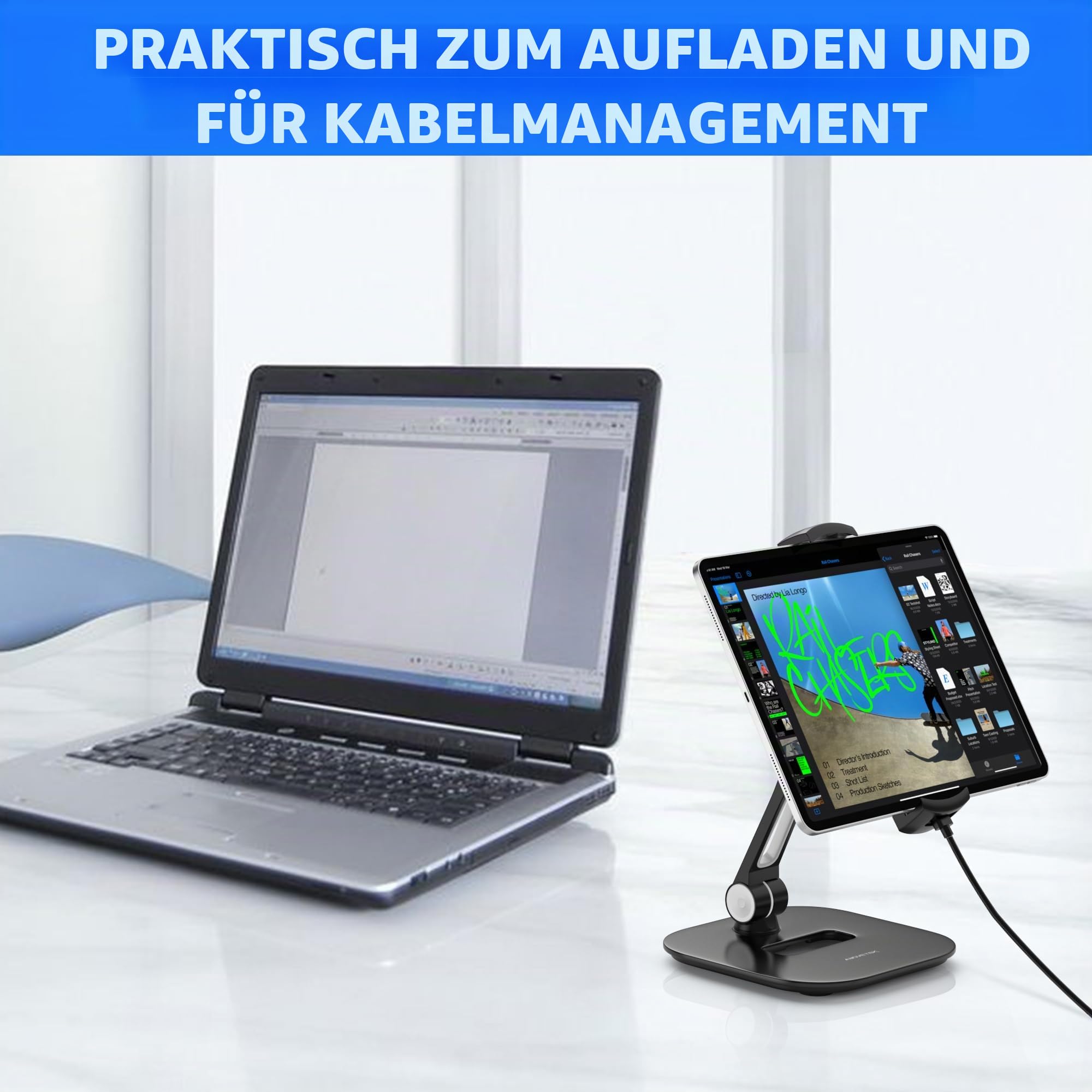 AboveTEK Tablet Ständer, Verstellbare iPad Halterung Tisch, 360° Drehbarer Handy & Tablet Halterung für 4-11" iPad Pro/Air, Samsung Galaxy, e-Reader - Ideal für Büro, Küche & POS (Schwarz)