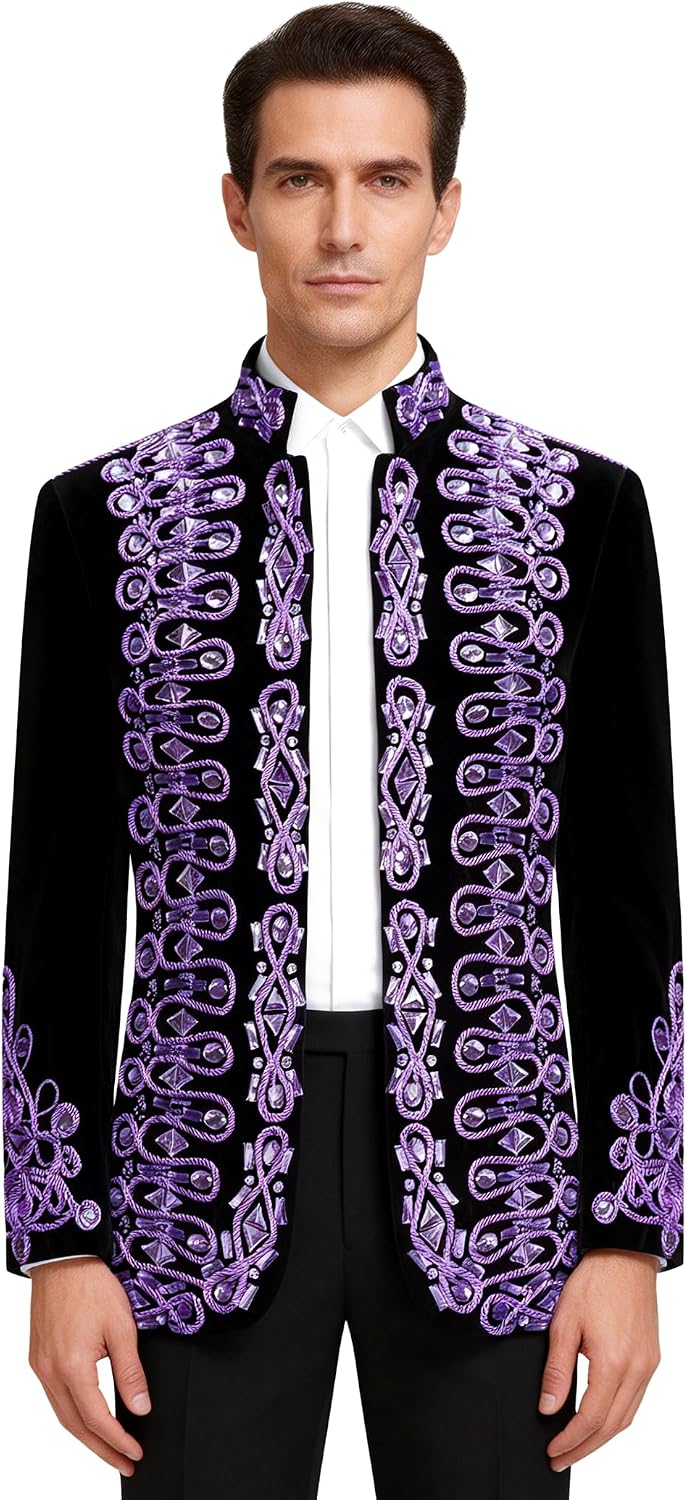 Pyiujtr Men's Standing Collar Velvet Knot Embroidery Court Blazer Masculine Baroque-Inspired Suit Jacket